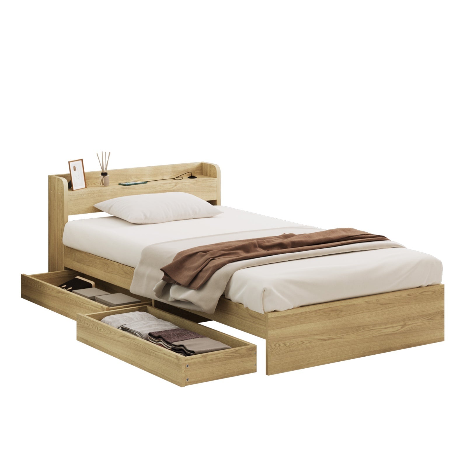 Oikiture Wooden Bed Frame Single Size with Charging Ports & 2 Drawers - Sunyee