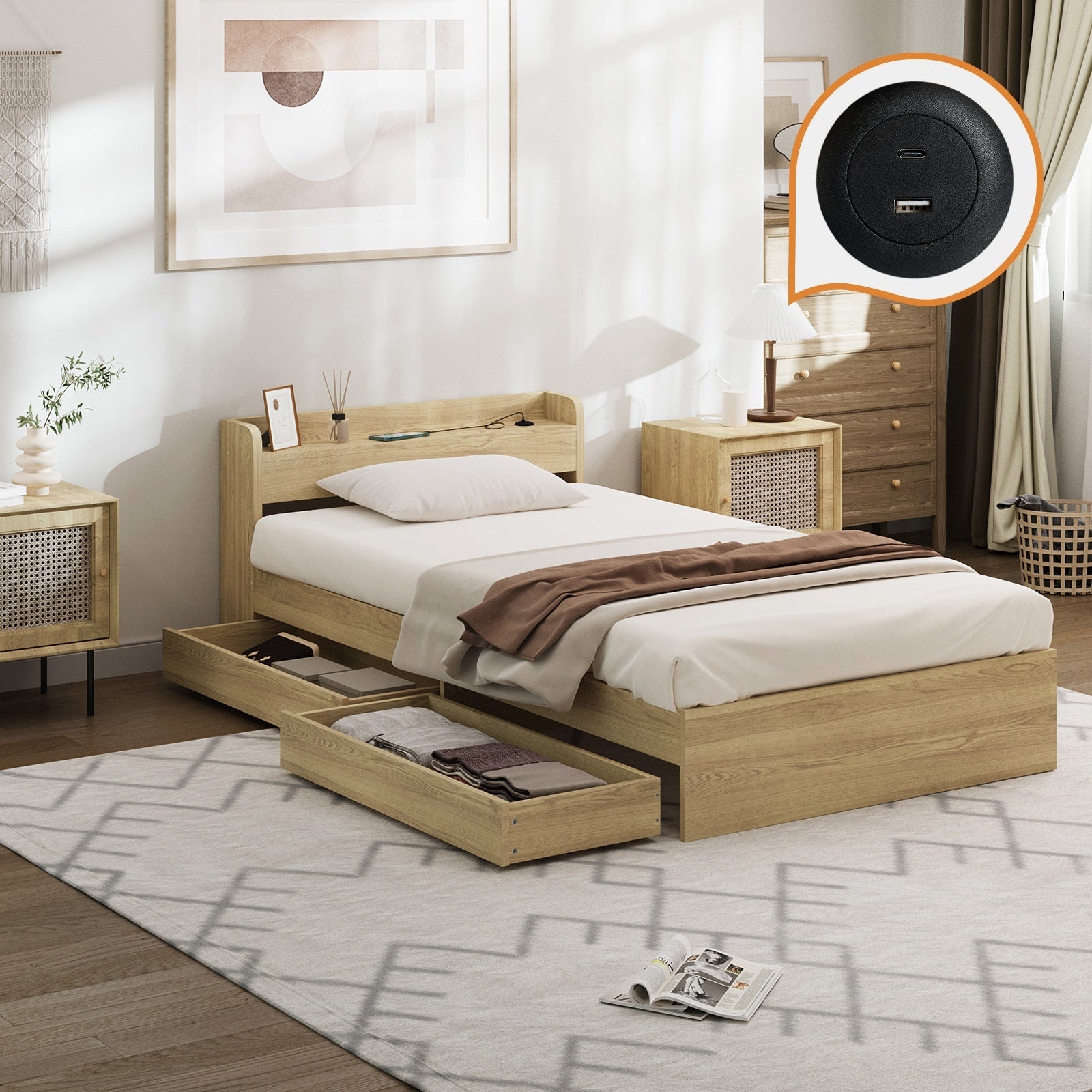 Oikiture Wooden Bed Frame Single Size with Charging Ports & 2 Drawers - Sunyee
