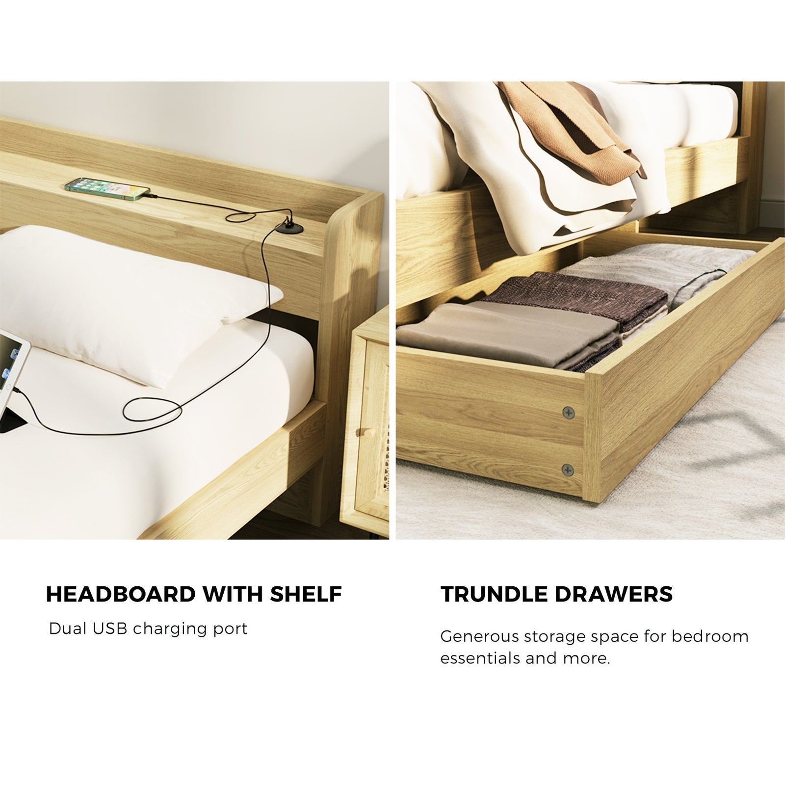 Oikiture Wooden Bed Frame Queen Size with Charging Ports & 2 Drawers - Sunyee