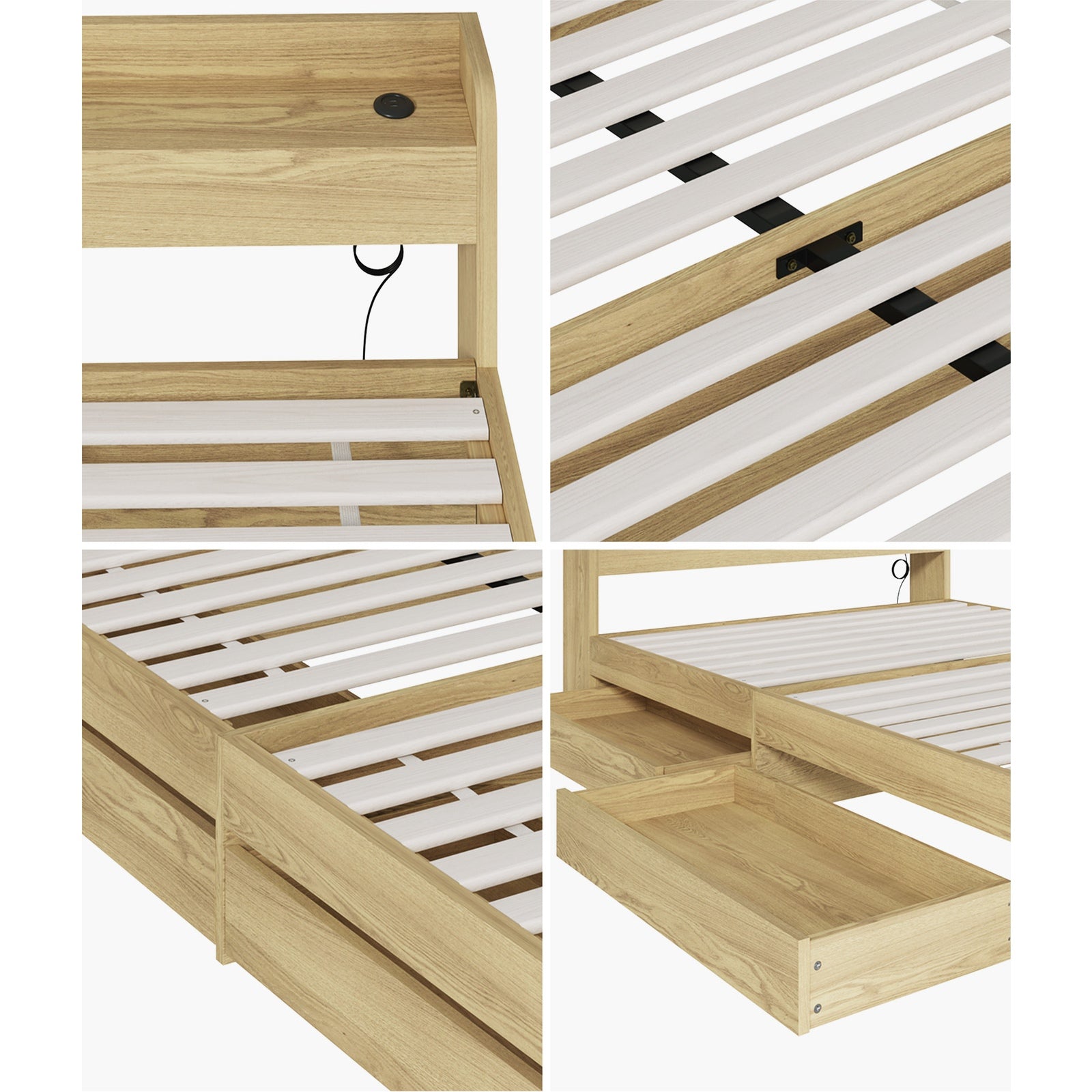 Oikiture Wooden Bed Frame Queen Size with Charging Ports & 2 Drawers - Sunyee
