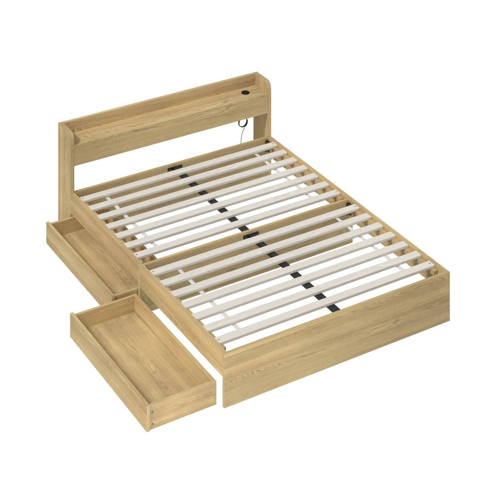Oikiture Wooden Bed Frame Queen Size with Charging Ports & 2 Drawers - Sunyee