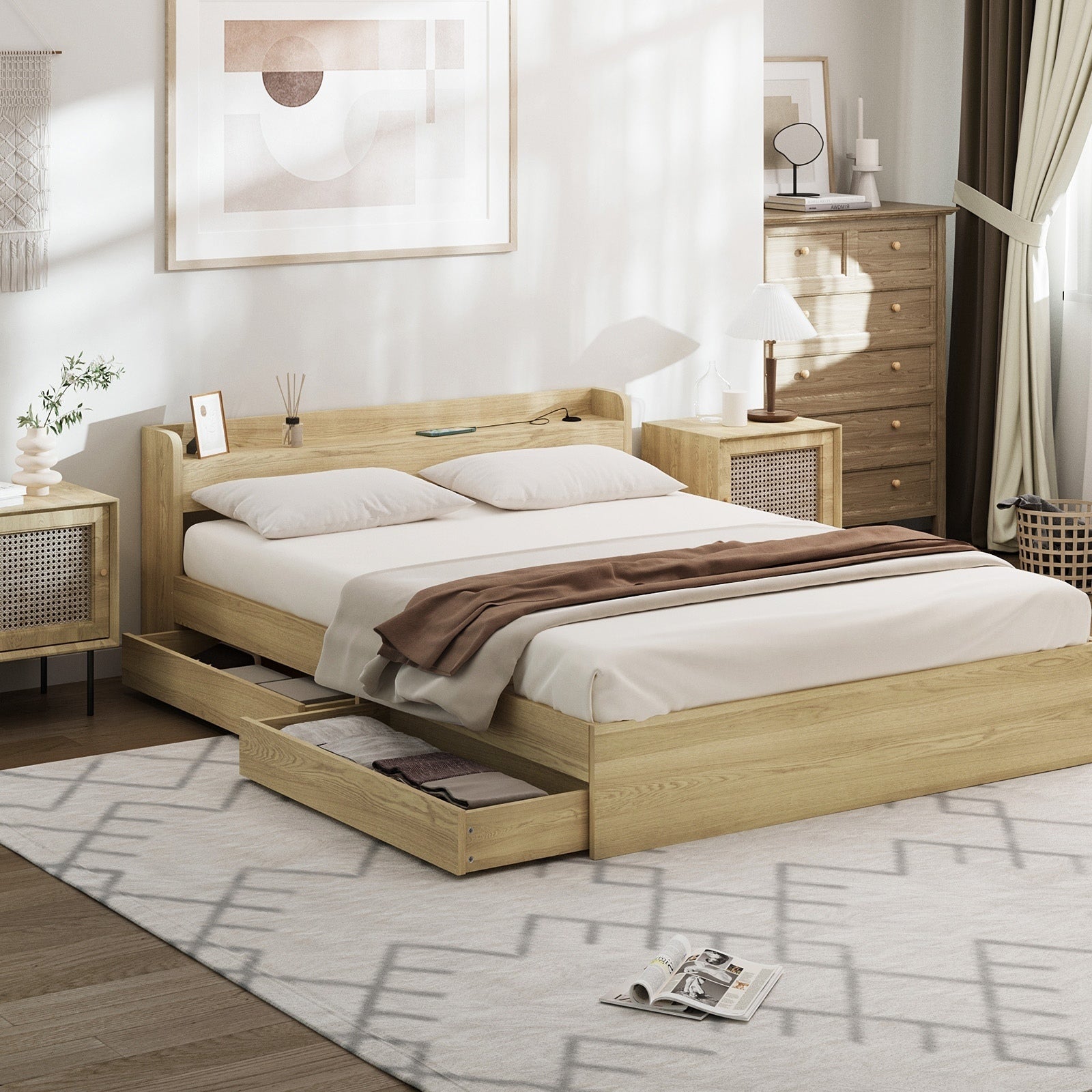 Oikiture Bed Frame Queen Double King Single Size with Charging Ports 2 Drawers - Sunyee