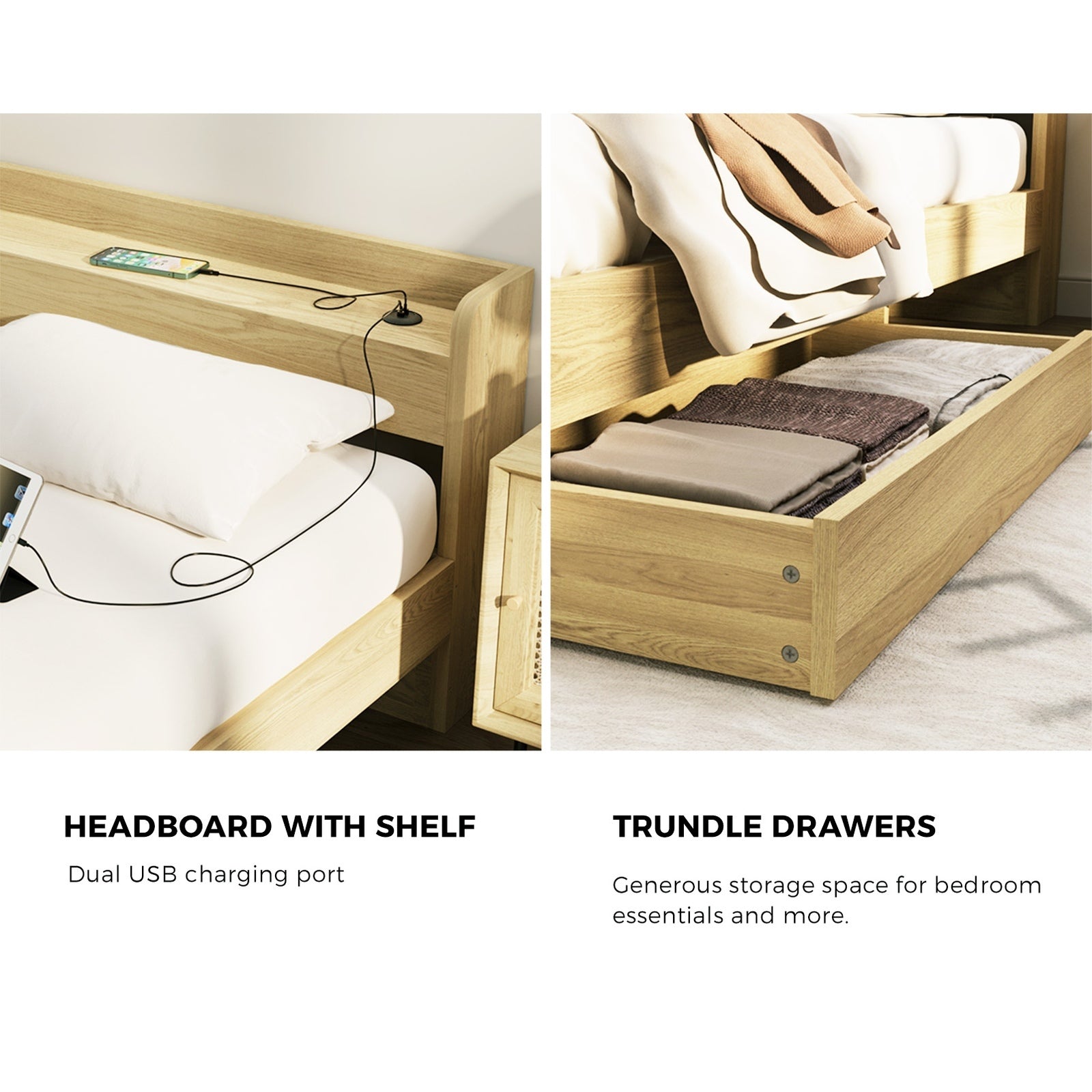 Oikiture Bed Frame Queen Double King Single Size with Charging Ports 2 Drawers - Sunyee