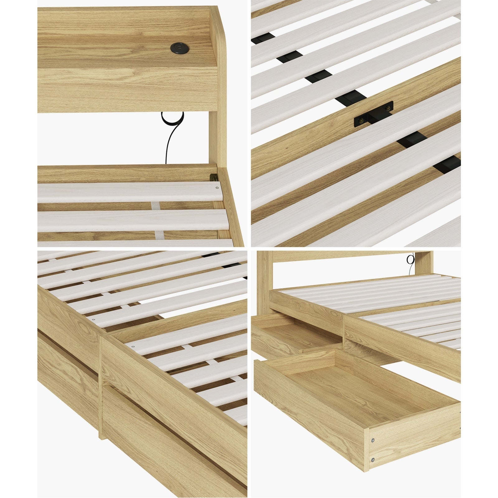 Oikiture Bed Frame Queen Double King Single Size with Charging Ports 2 Drawers - Sunyee