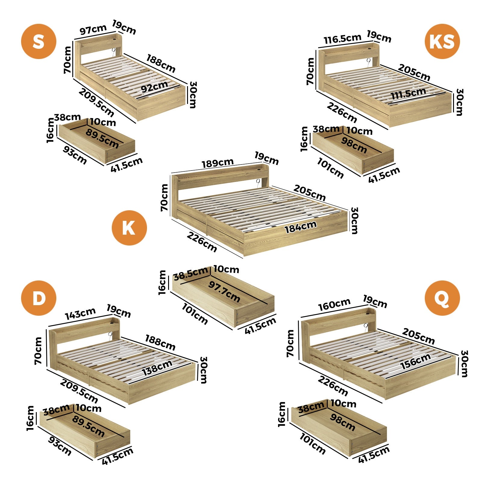 Oikiture Bed Frame Queen Double King Single Size with Charging Ports 2 Drawers - Sunyee