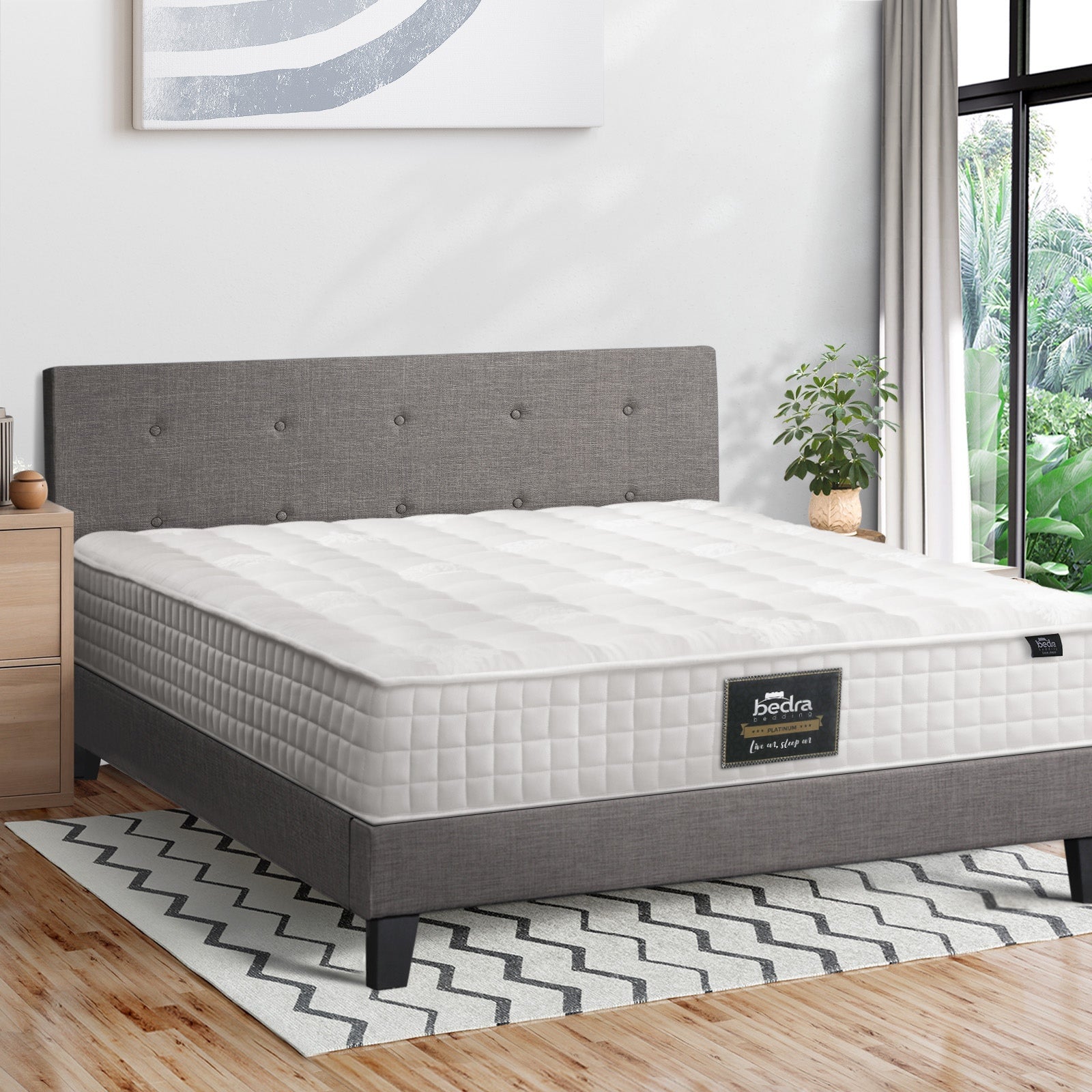 Oikiture Bed Frame Double Size Wooden Platform Beds with Mattress Grey - Sunyee