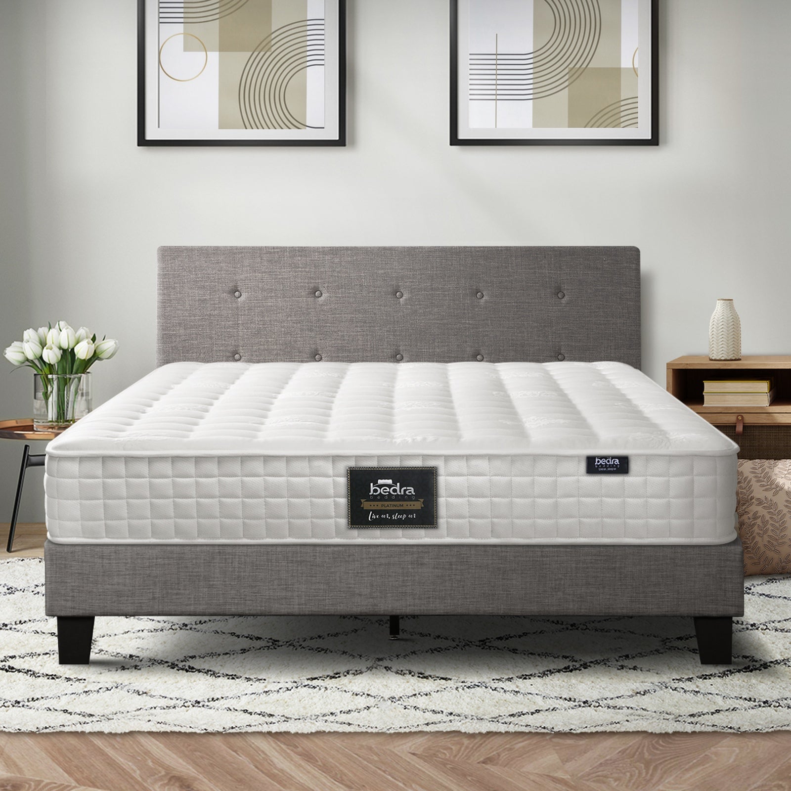 Oikiture Bed Frame Double Size Wooden Platform Beds with Mattress Grey - Sunyee