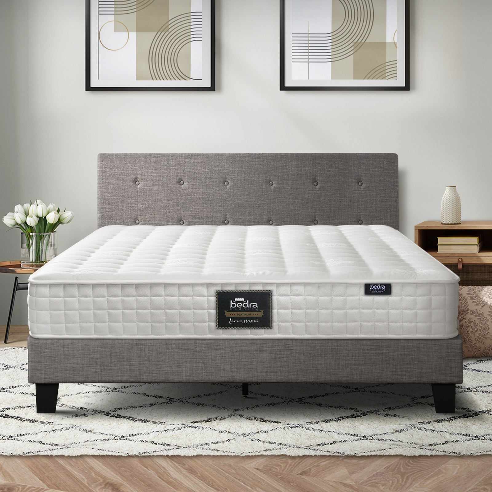 Oikiture Bed Frame King Size Wooden Platform Beds with Mattress Grey - Sunyee