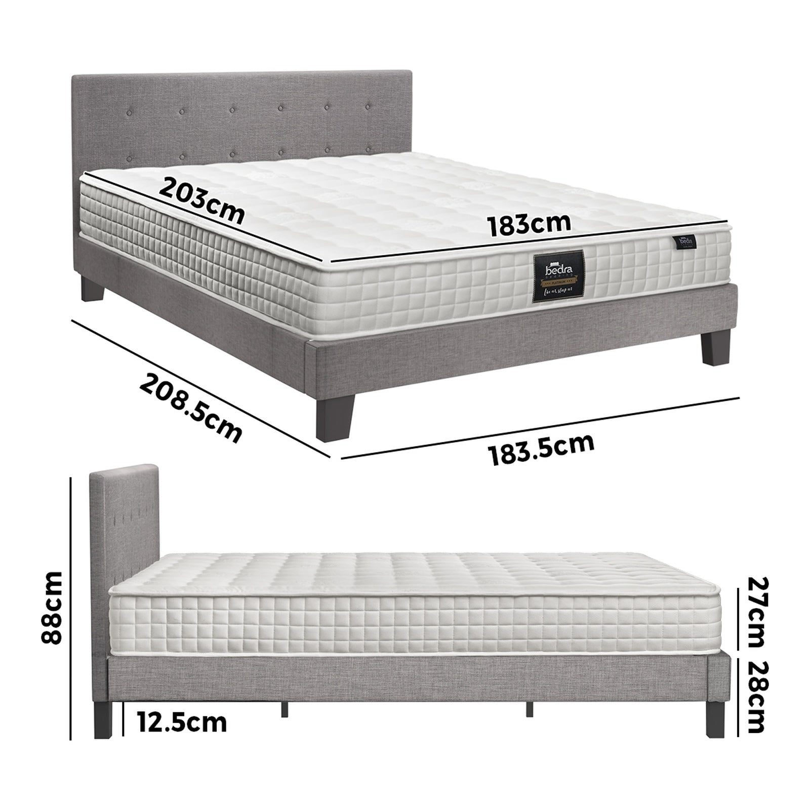 Oikiture Bed Frame King Size Wooden Platform Beds with Mattress Grey - Sunyee
