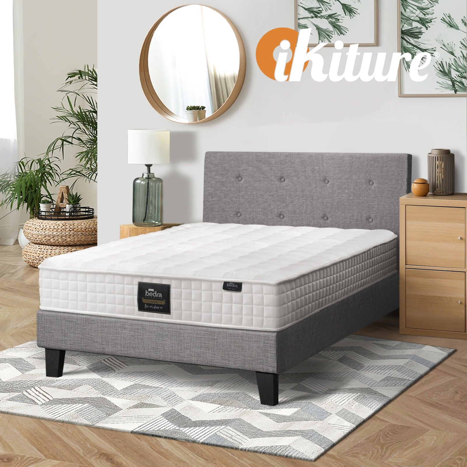 Oikiture Bed Frame King Single Size Wooden Platform Beds with Mattress Grey - Sunyee