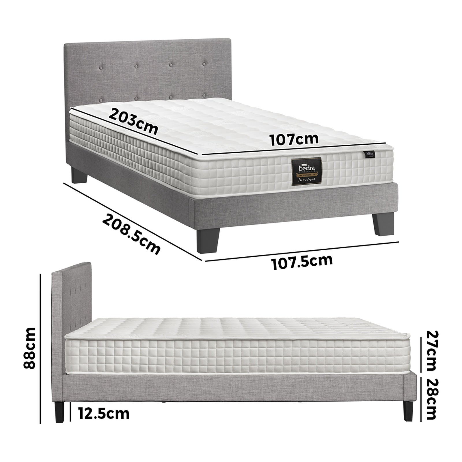 Oikiture Bed Frame King Single Size Wooden Platform Beds with Mattress Grey - Sunyee