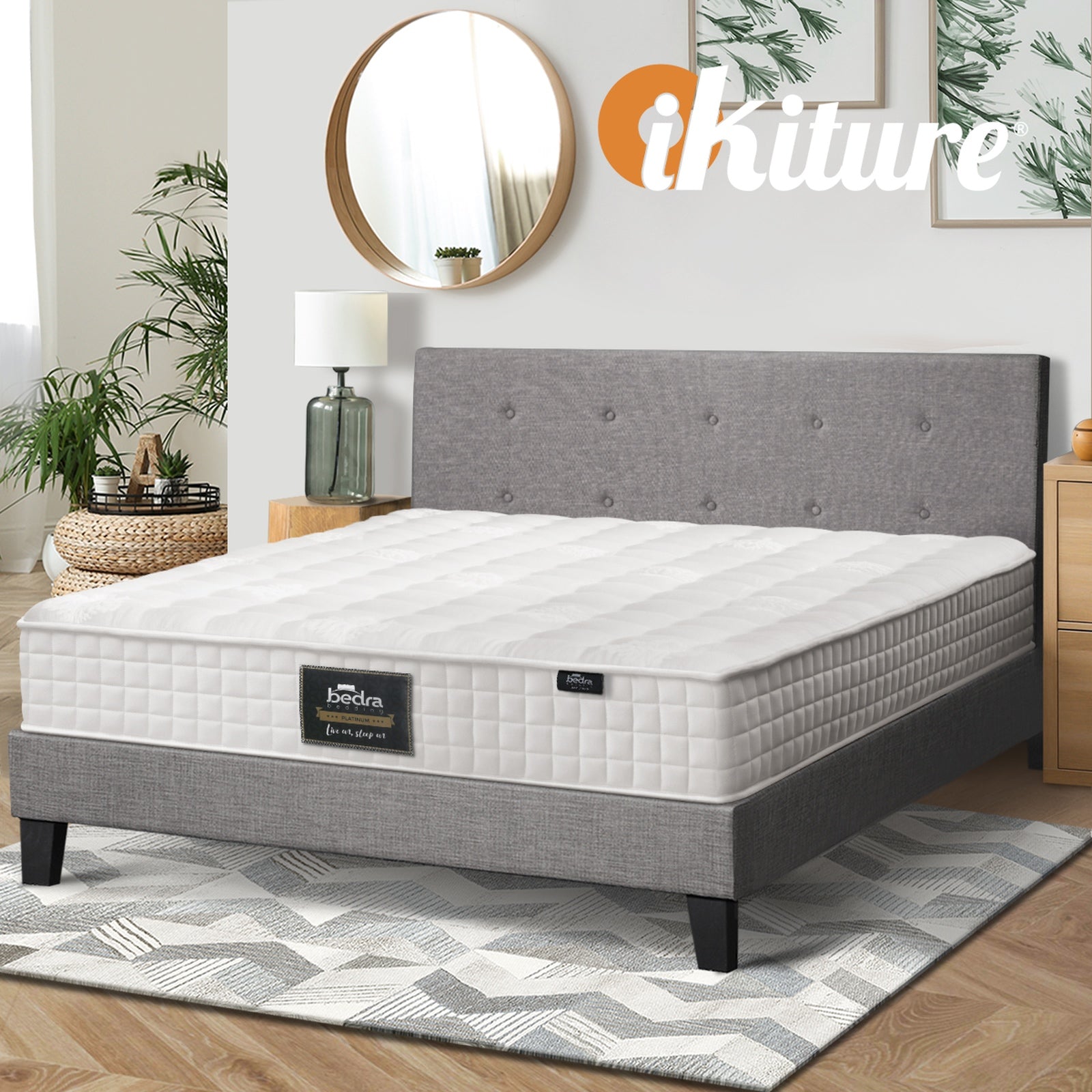 Oikiture Bed Frame Queen Size Wooden Platform Beds with Mattress Grey - Sunyee