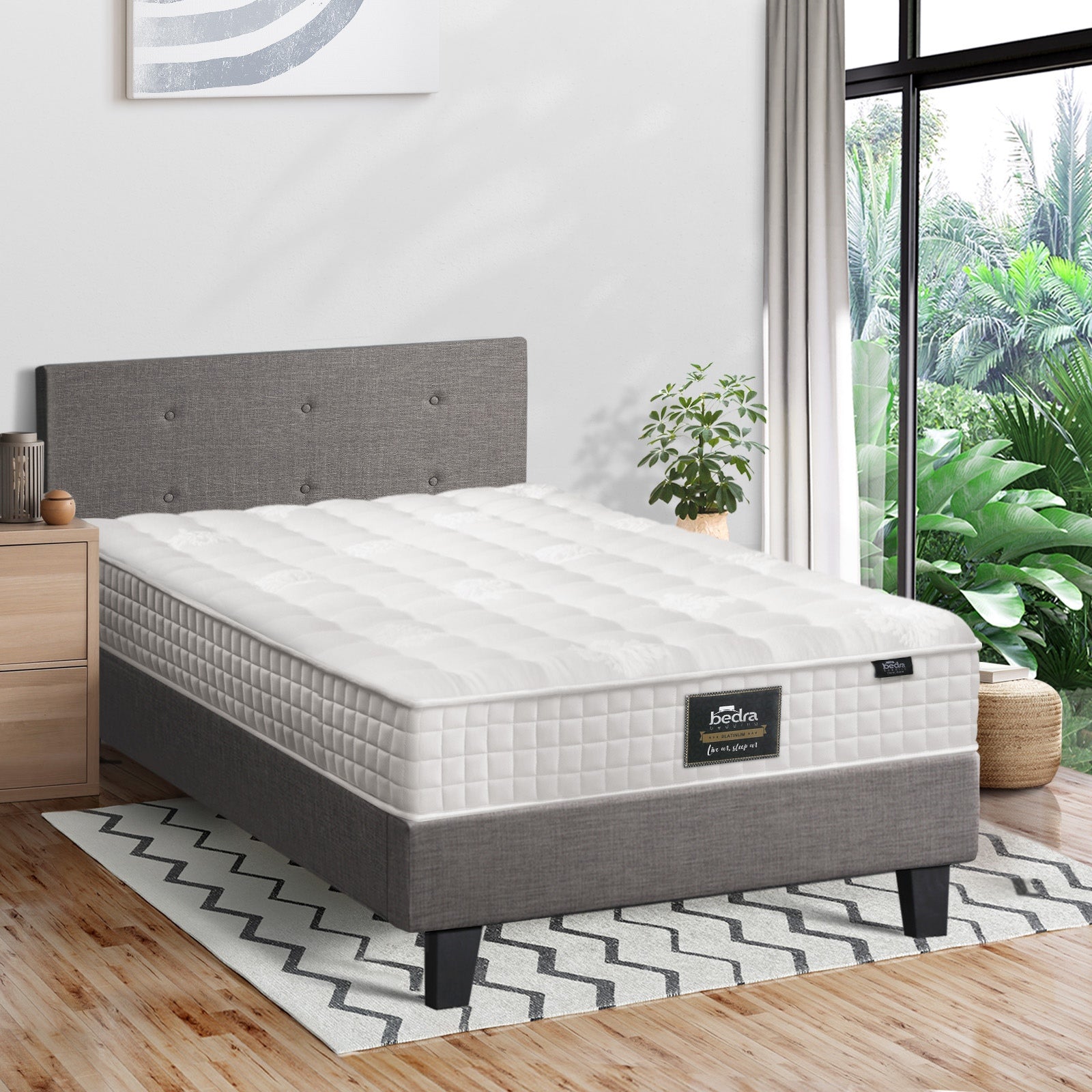 Oikiture Bed Frame Single Size Wooden Platform Beds with Mattress Grey - Sunyee