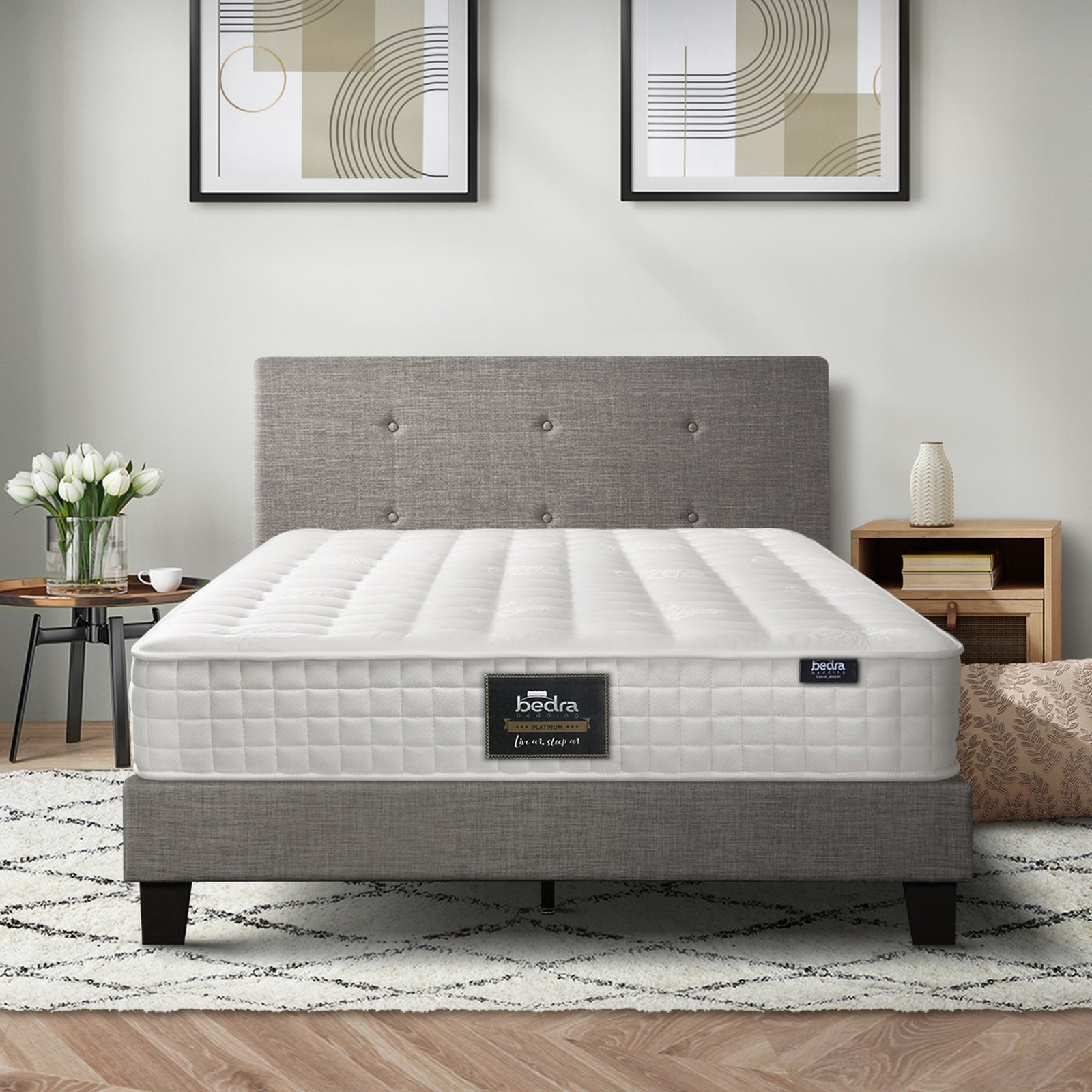Oikiture Bed Frame Single Size Wooden Platform Beds with Mattress Grey - Sunyee