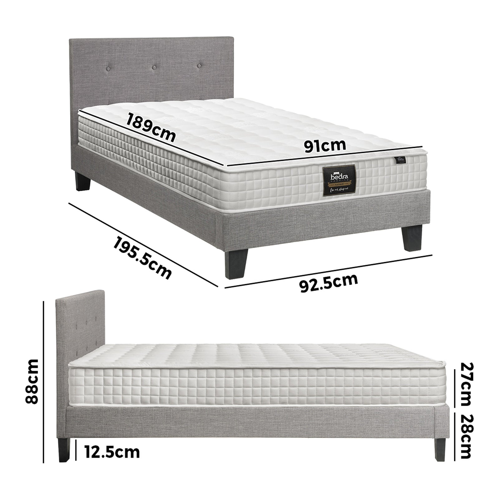 Oikiture Bed Frame Single Size Wooden Platform Beds with Mattress Grey - Sunyee