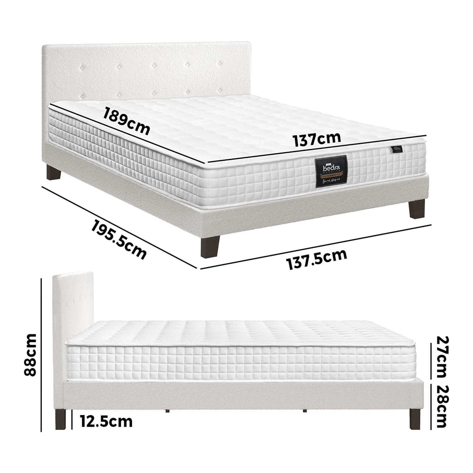 Oikiture Bed Frame Double Size Wooden Platform Beds with Mattress White - Sunyee