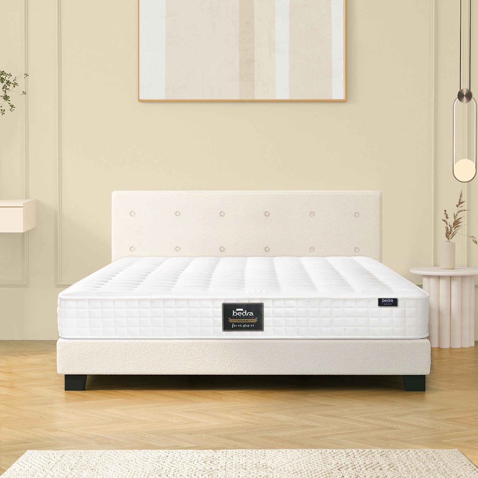 Oikiture Bed Frame King Size Wooden Platform Beds with Mattress White - Sunyee