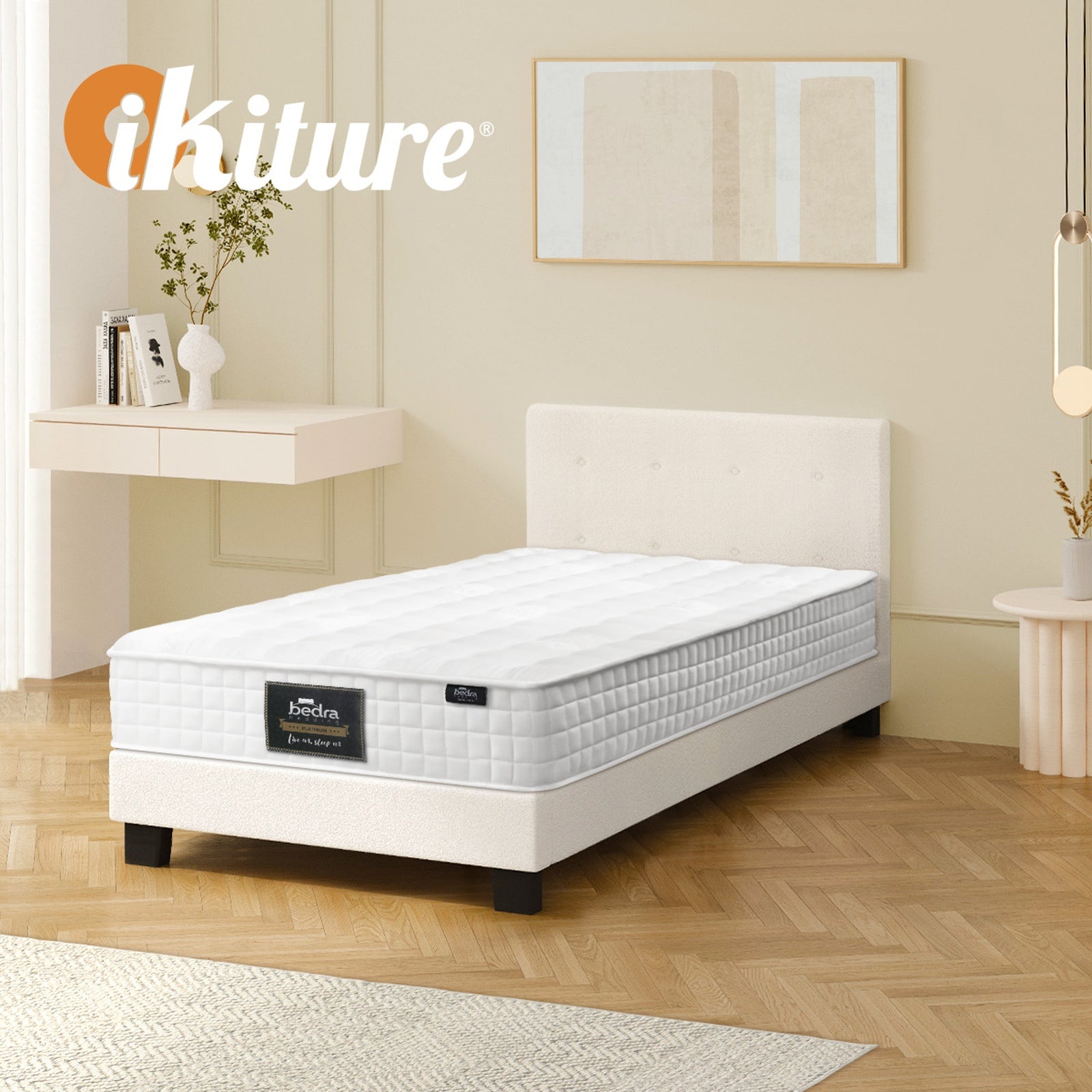 Oikiture Bed Frame King Single Size Wooden Platform Beds with Mattress White - Sunyee