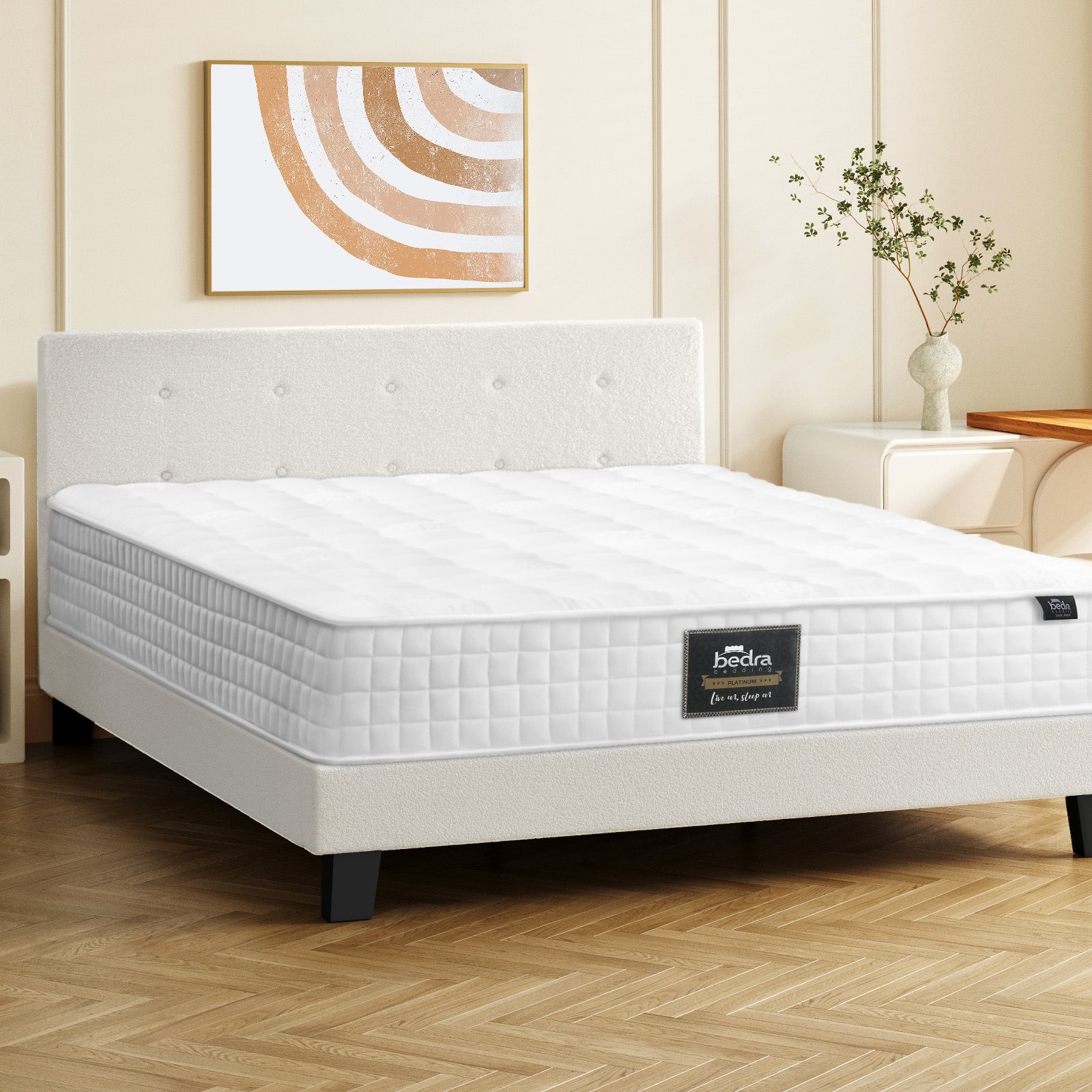 Oikiture Bed Frame Queen Size Wooden Platform Beds with Mattress White - Sunyee