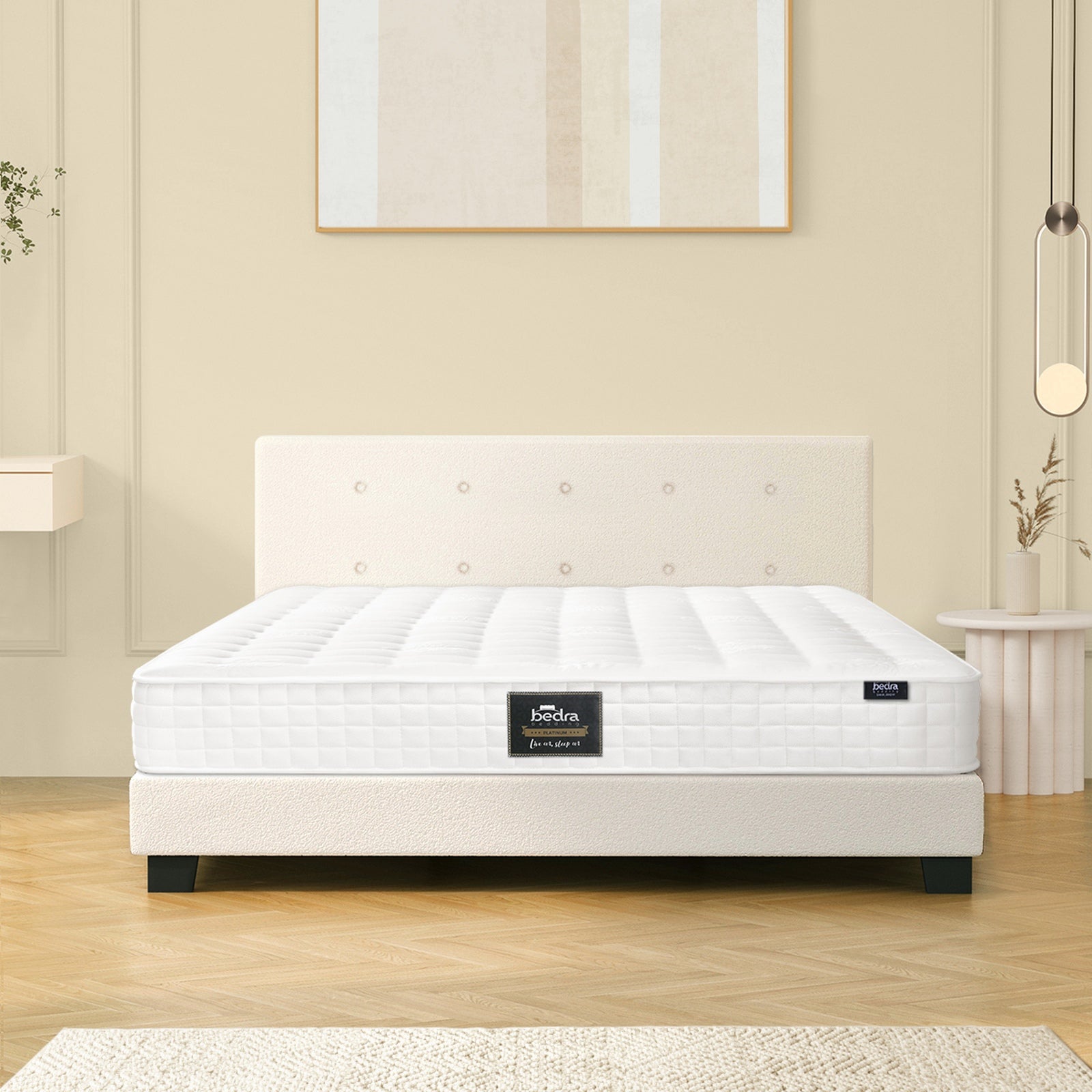 Oikiture Bed Frame Queen Size Wooden Platform Beds with Mattress White - Sunyee