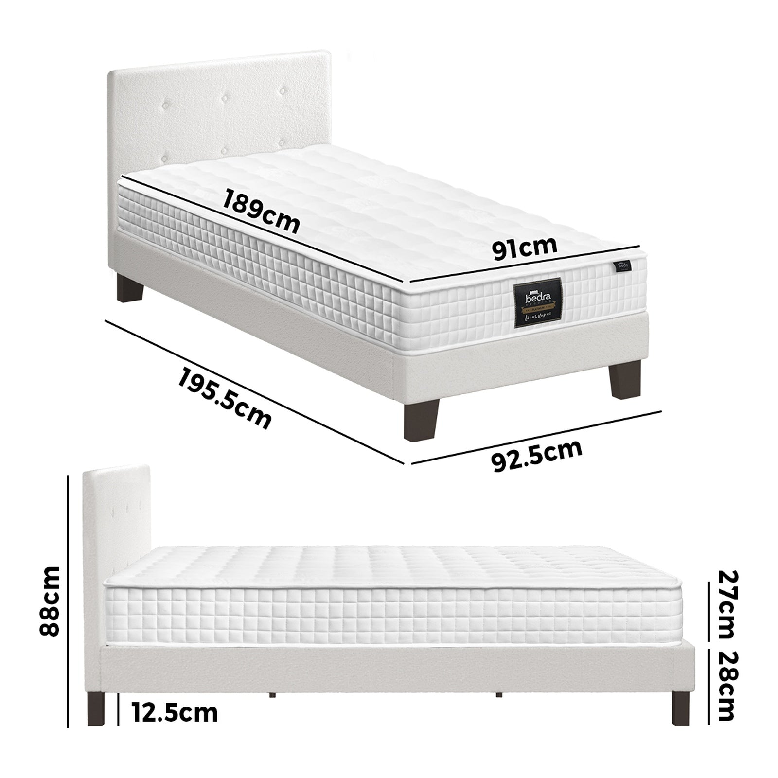 Oikiture Bed Frame Single Size Wooden Platform Beds with Mattress White - Sunyee