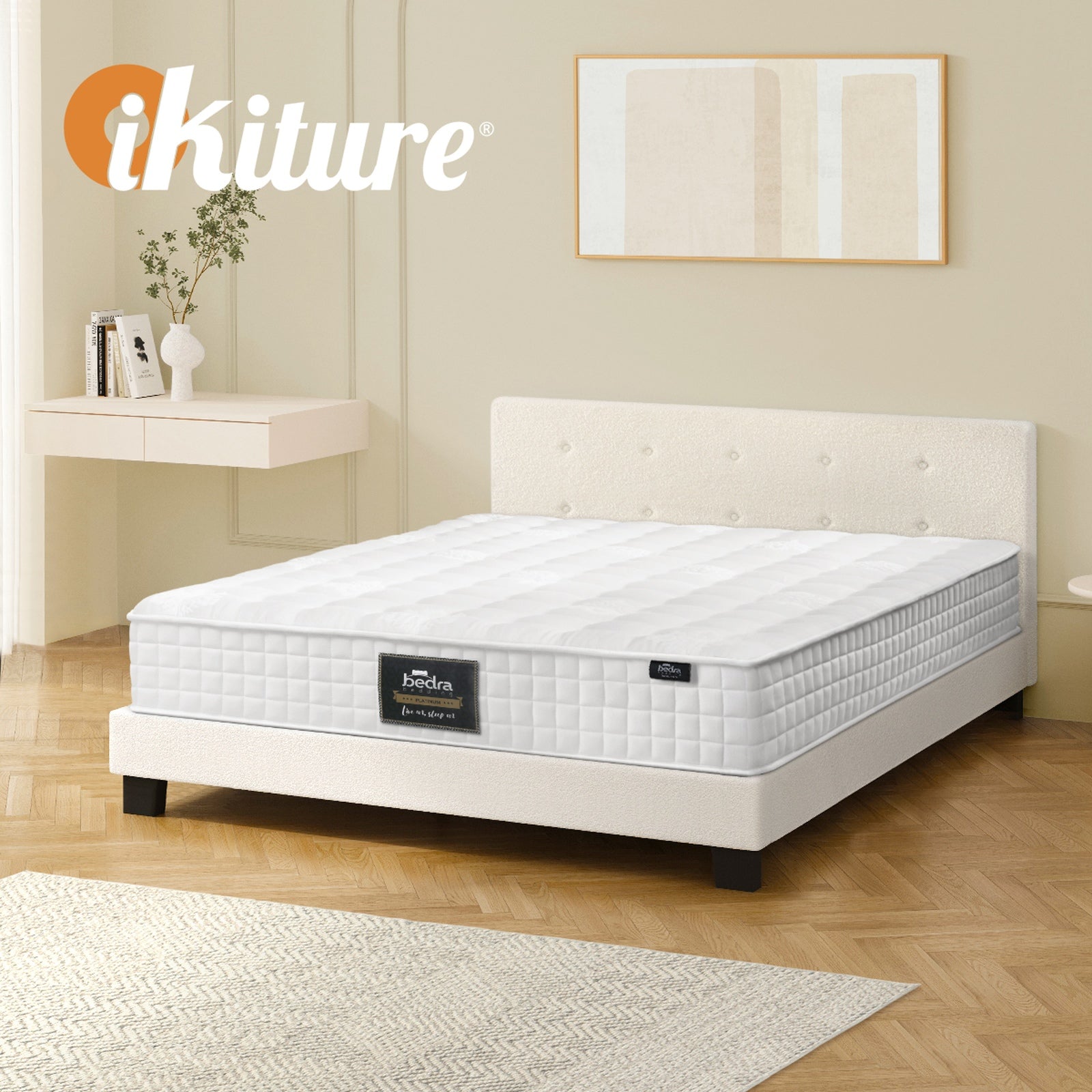 Oikiture Bed Frame Double Queen King Single Platform Base with Mattress White - Sunyee