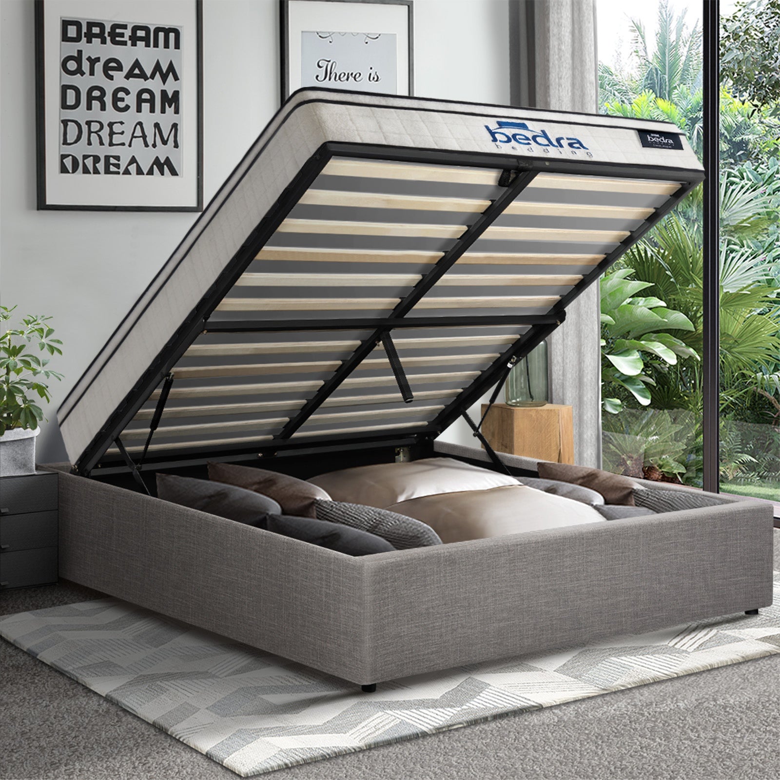 Oikiture Bed Frame Double Size Gas Lift Base Storage Platform with Mattress - Sunyee