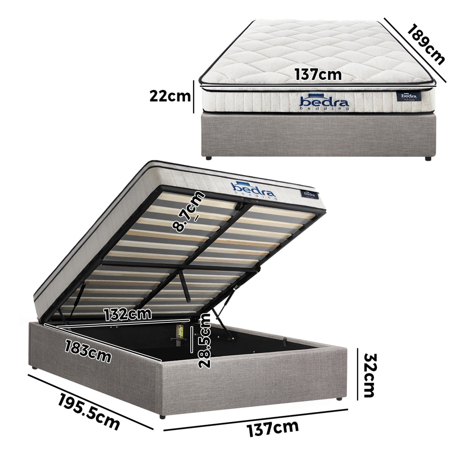 Oikiture Bed Frame Double Size Gas Lift Base Storage Platform with Mattress - Sunyee