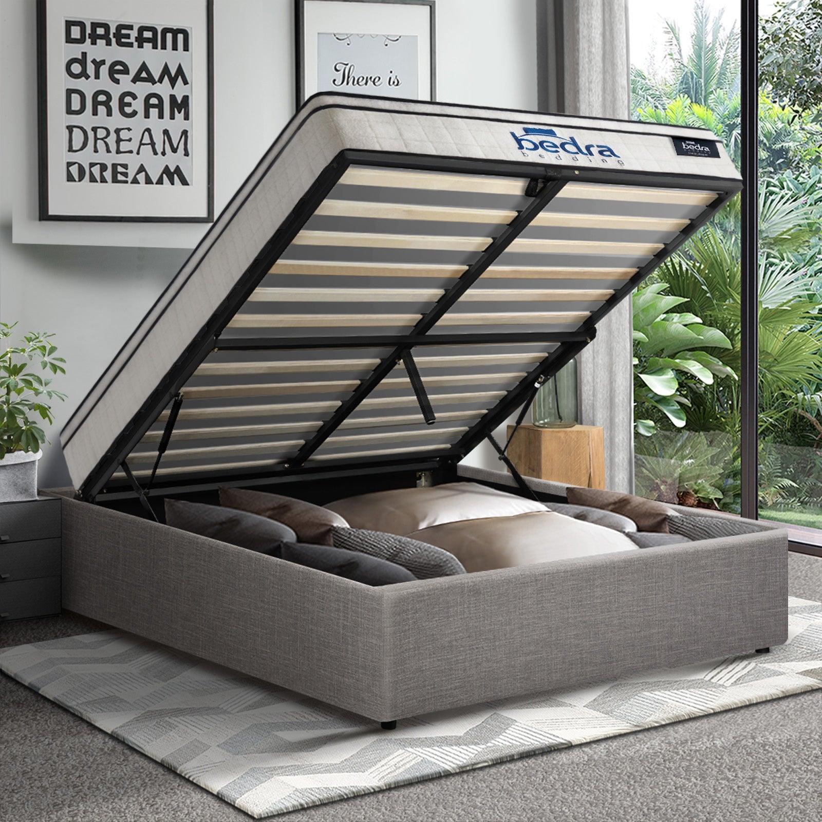 Oikiture Bed Frame King Single Size Gas Lift Base Storage Platform with Mattress - Sunyee