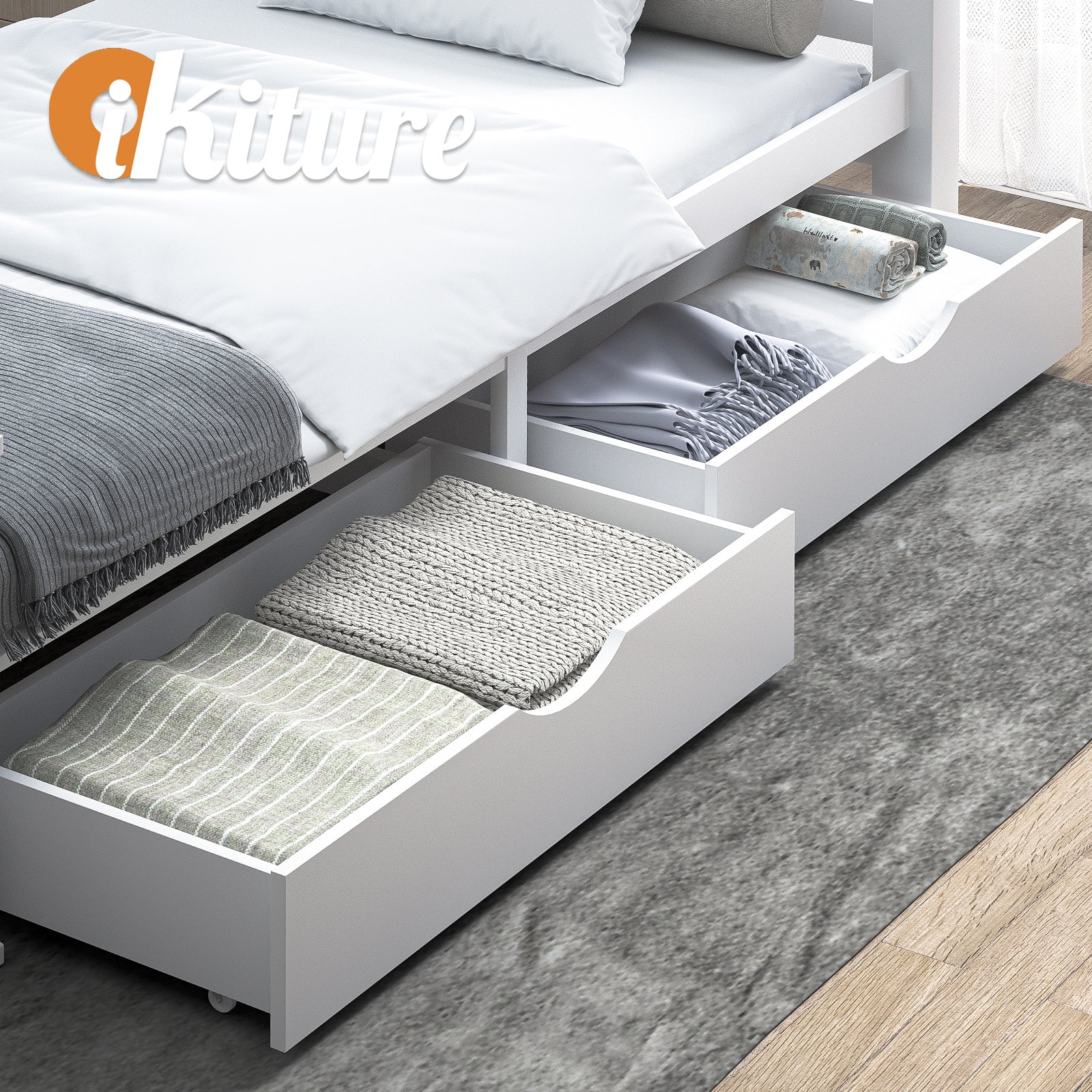Oikiture Storage Drawers Trundle for Wooden Bed Frame Base Timber White 2X - Sunyee