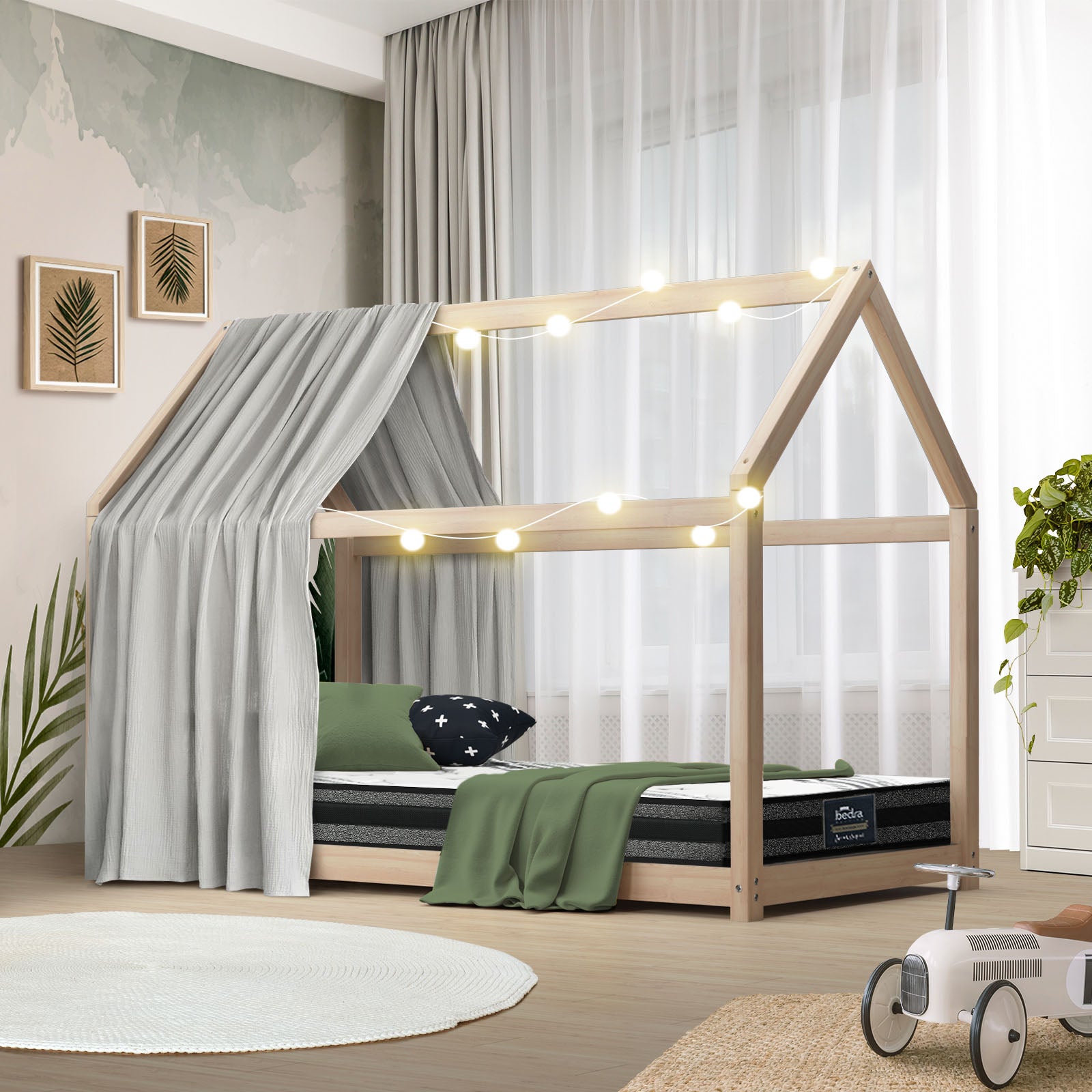 Oikiture Kids Bed Frame With Single Mattress Set House Style Wooden - Sunyee