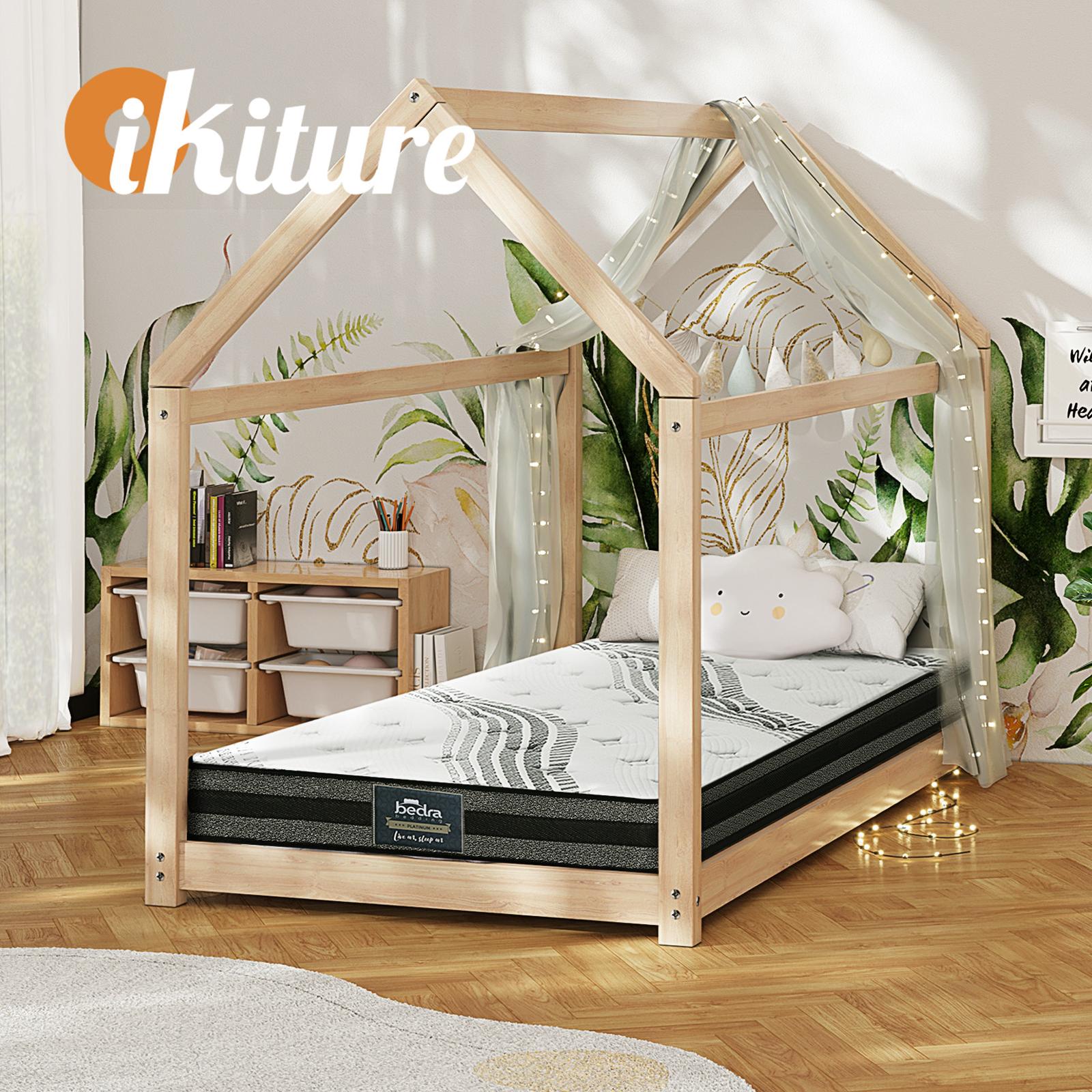 Oikiture Kids Bed Frame With Single Mattress Set House Style Wooden - Sunyee