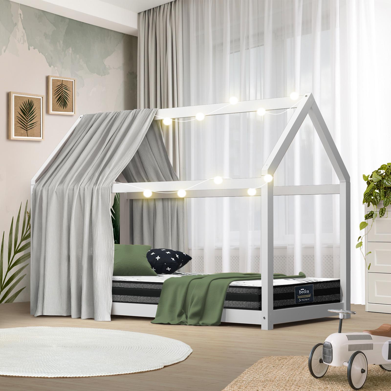 Oikiture Kids Bed Frame With Single Mattress Set House Style White - Sunyee