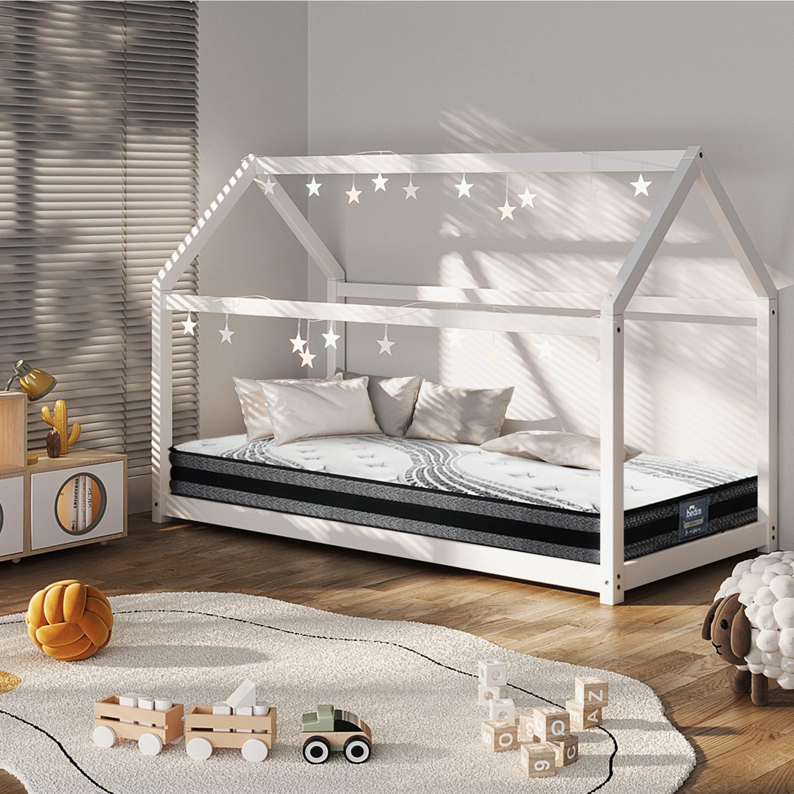 Oikiture Kids Bed Frame With Single Mattress Set House Style White - Sunyee