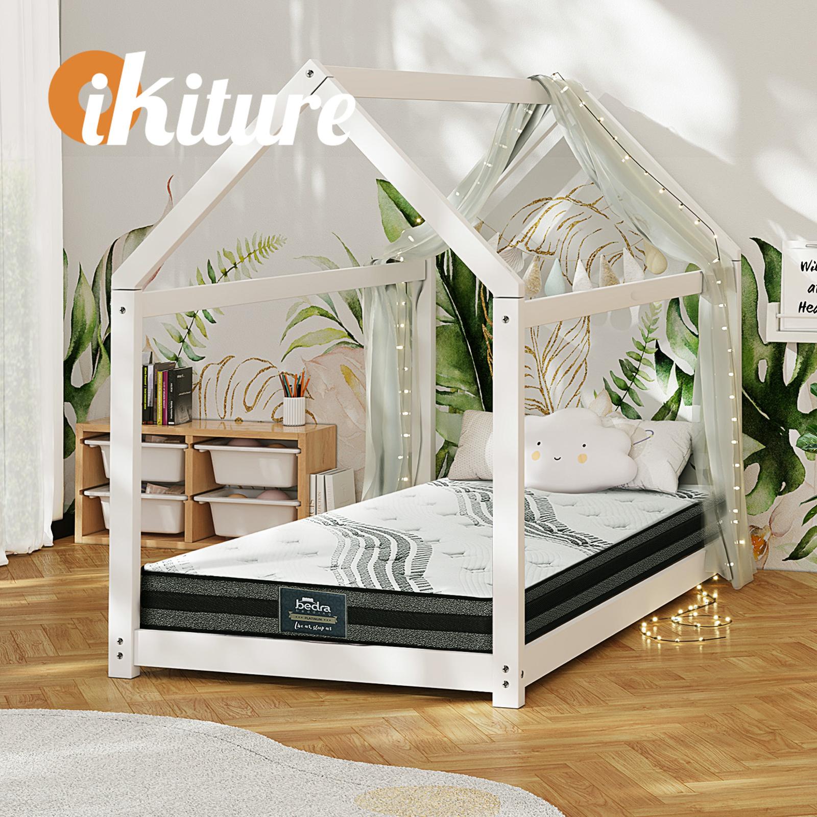 Oikiture Kids Bed Frame With Single Mattress Set House Style White - Sunyee
