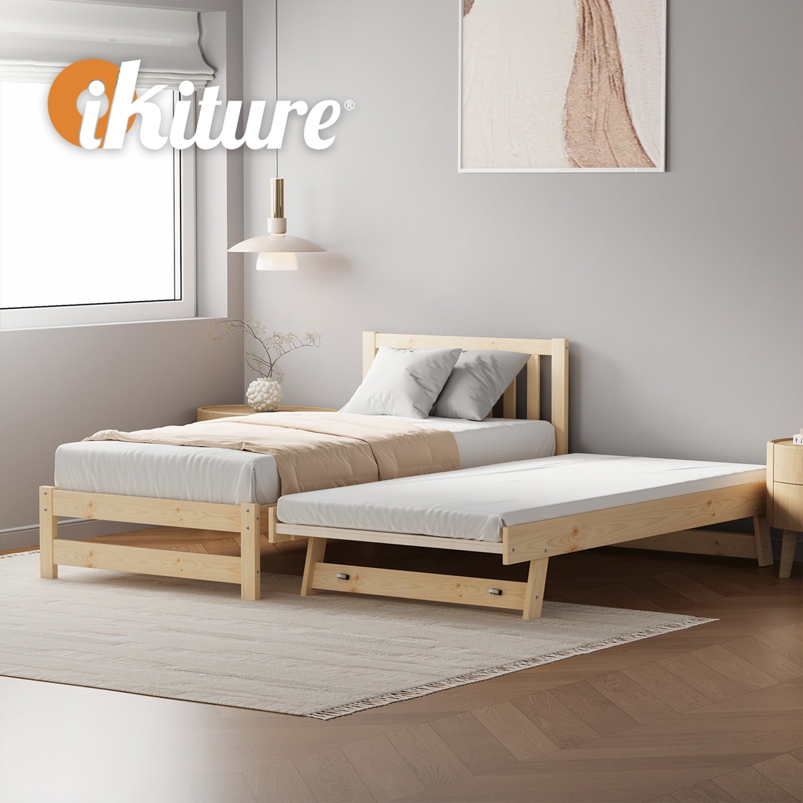 Oikiture Trundle Kids Bed Frame Single Wooden Timber Hidden Dual Beds Natural - Sunyee