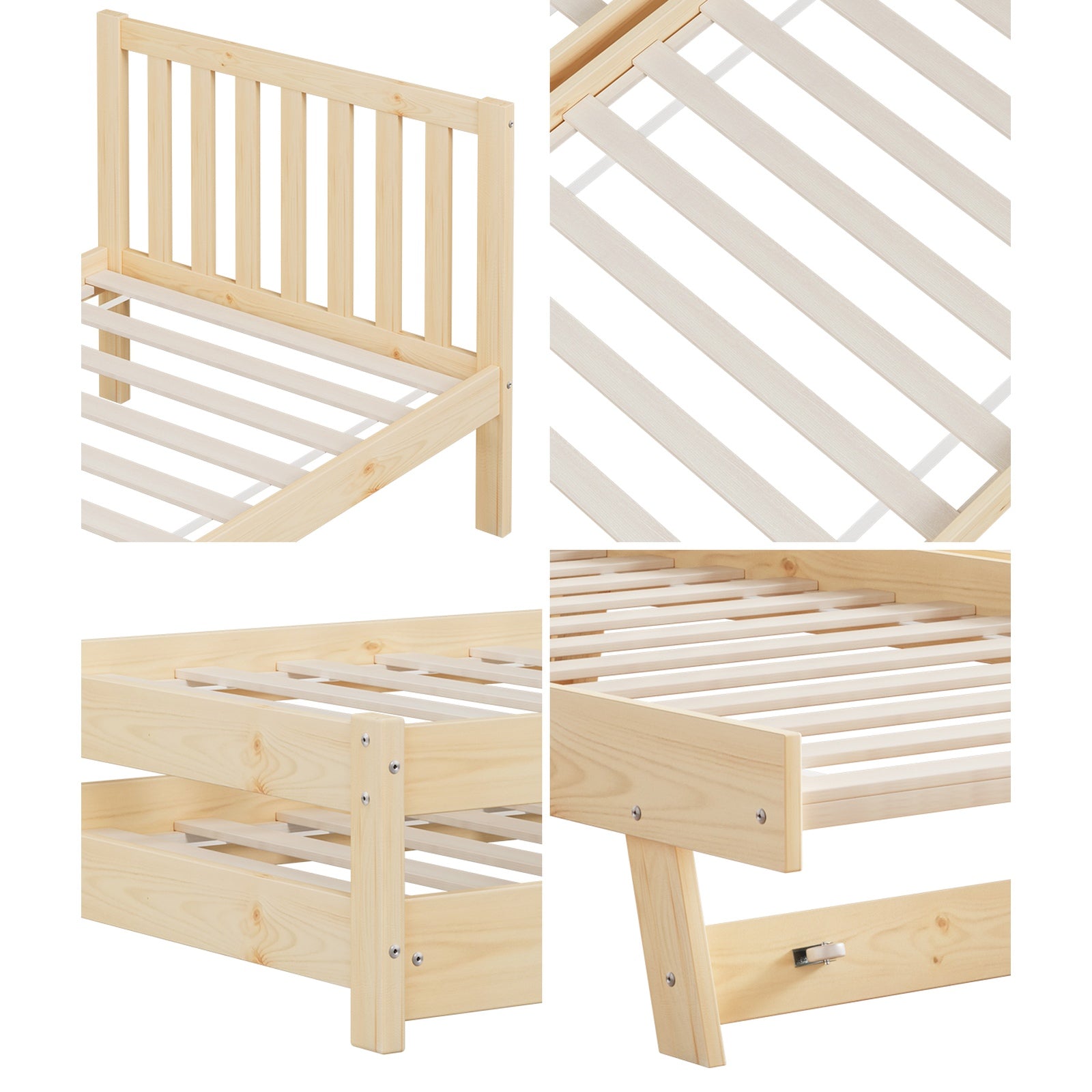 Oikiture Trundle Kids Bed Frame Single Wooden Timber Hidden Dual Beds Natural - Sunyee