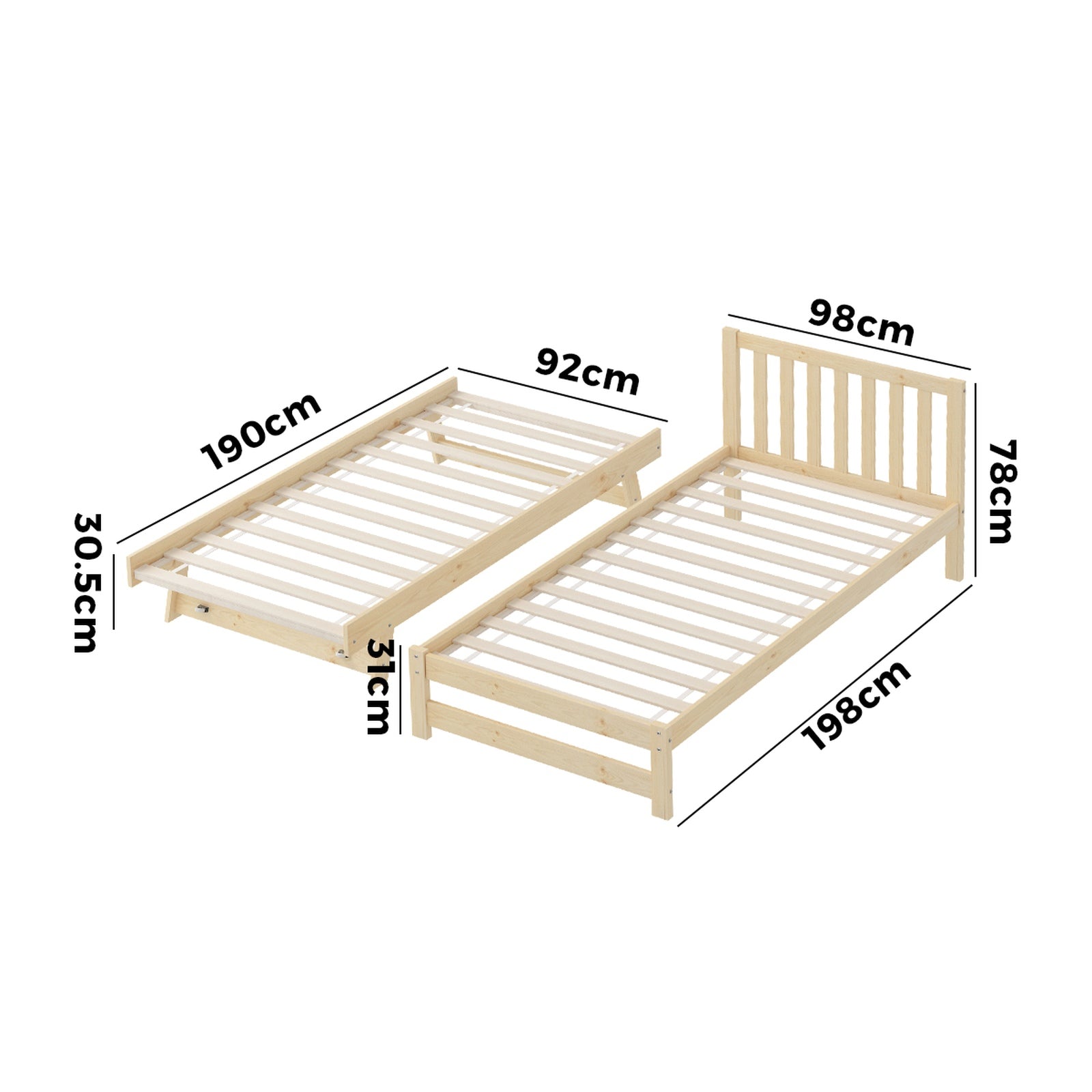 Oikiture Trundle Kids Bed Frame Single Wooden Timber Hidden Dual Beds Natural - Sunyee