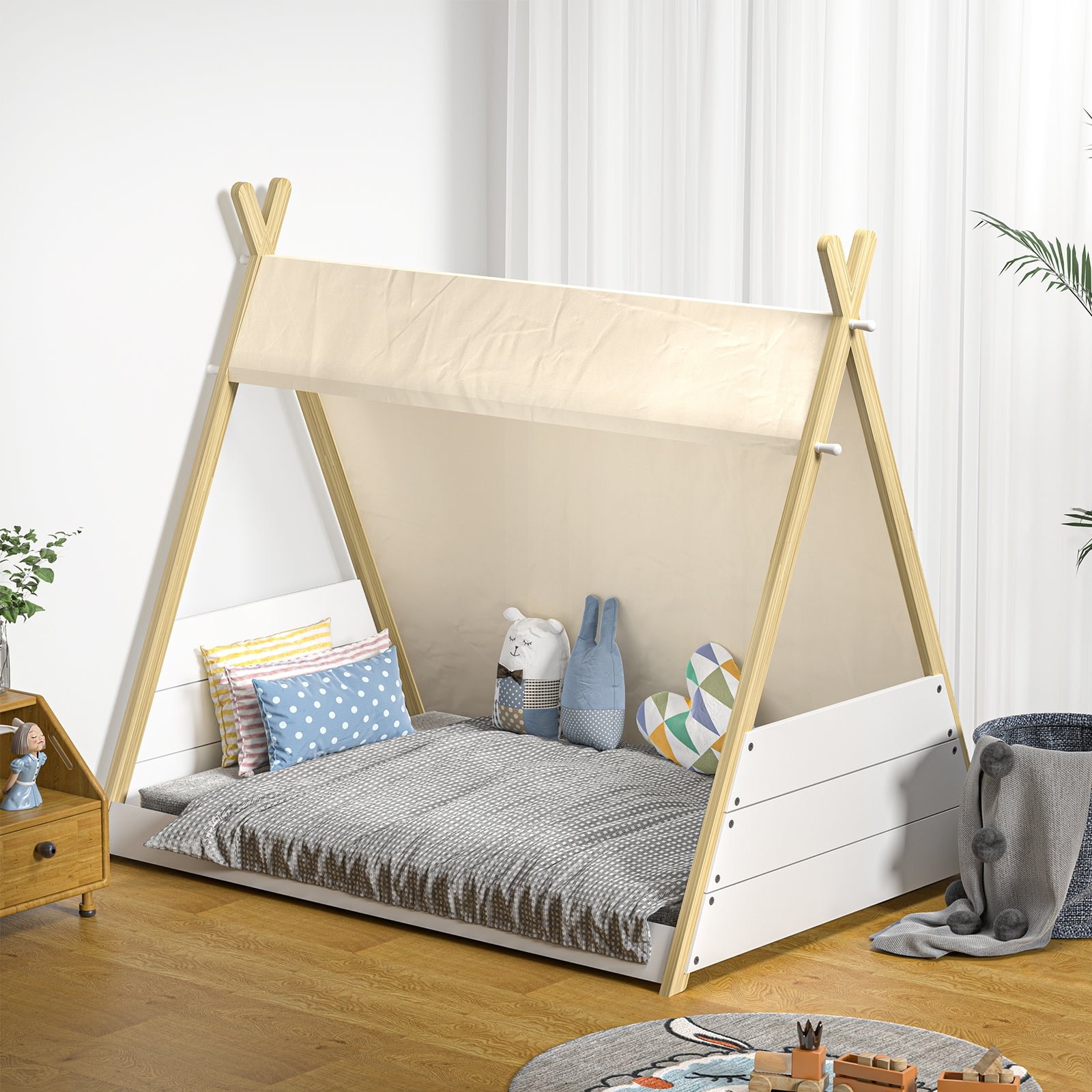 Oikiture Kids Bed Frame Wooden Timber Single Canvas Teepee Bed Frame Platform - Sunyee