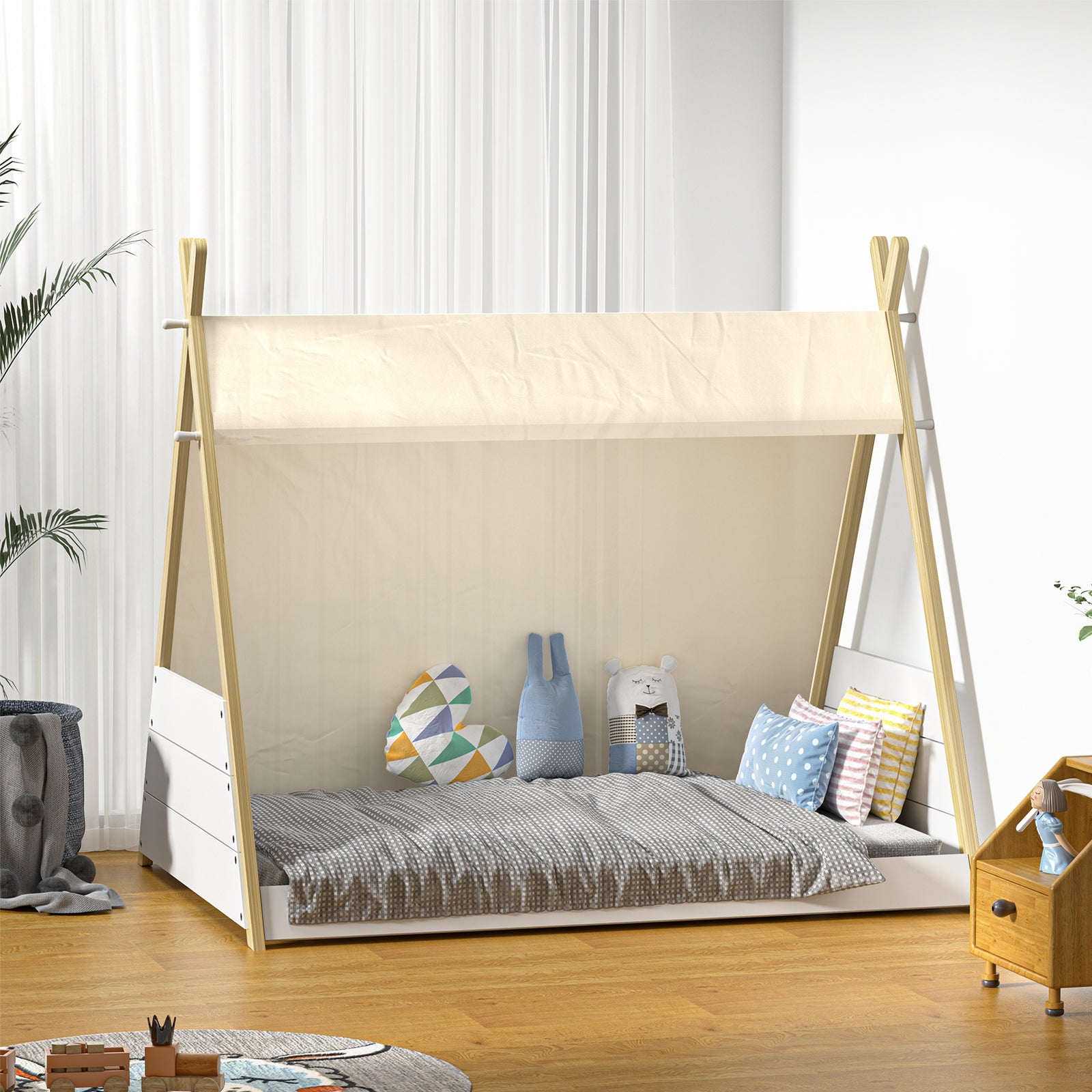 Oikiture Kids Bed Frame Wooden Timber Single Canvas Teepee Bed Frame Platform - Sunyee