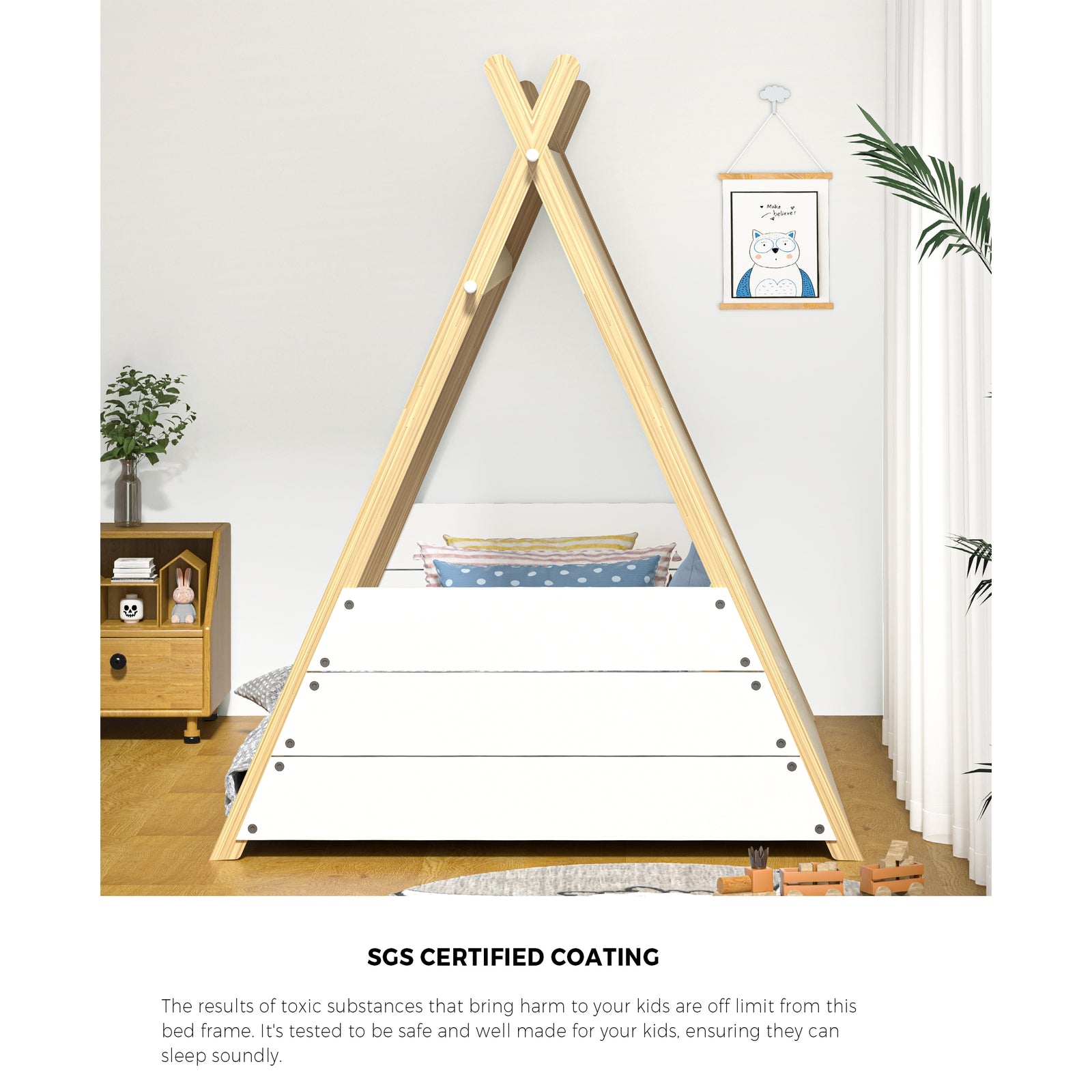 Oikiture Kids Bed Frame Wooden Timber Single Canvas Teepee Bed Frame Platform - Sunyee