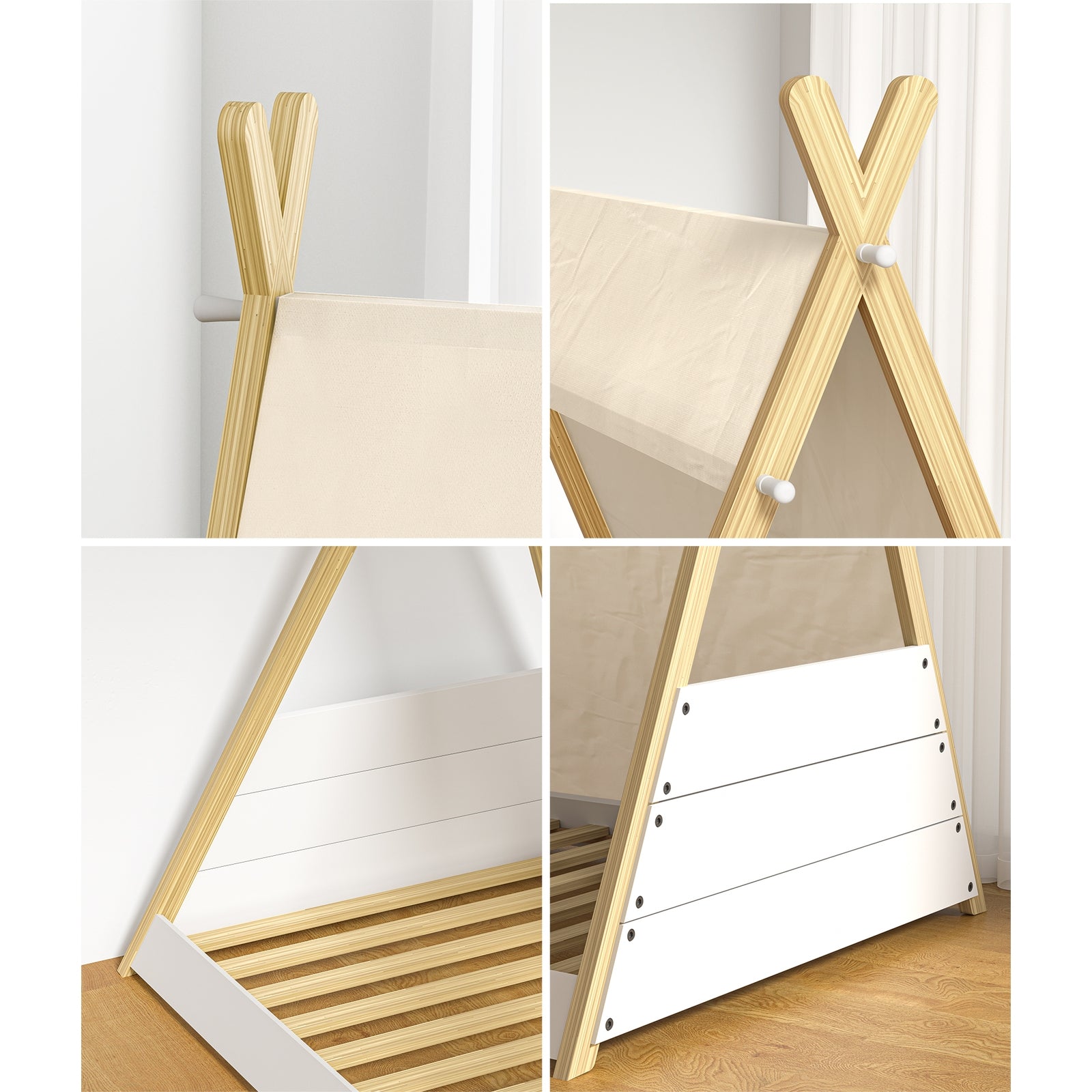 Oikiture Kids Bed Frame Wooden Timber Single Canvas Teepee Bed Frame Platform - Sunyee