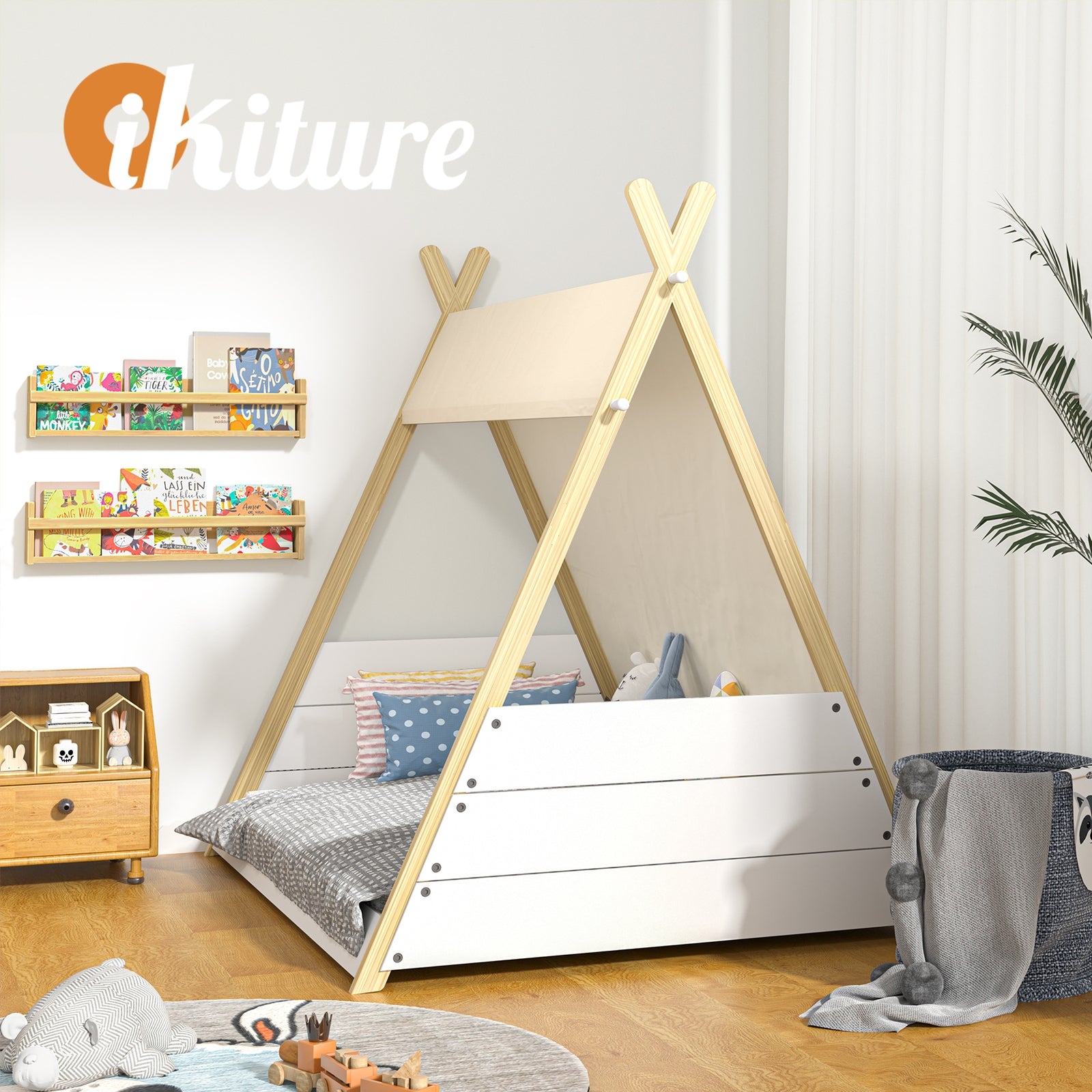 Oikiture Kids Bed Frame Wooden Timber Single Canvas Teepee Bed Frame Platform - Sunyee