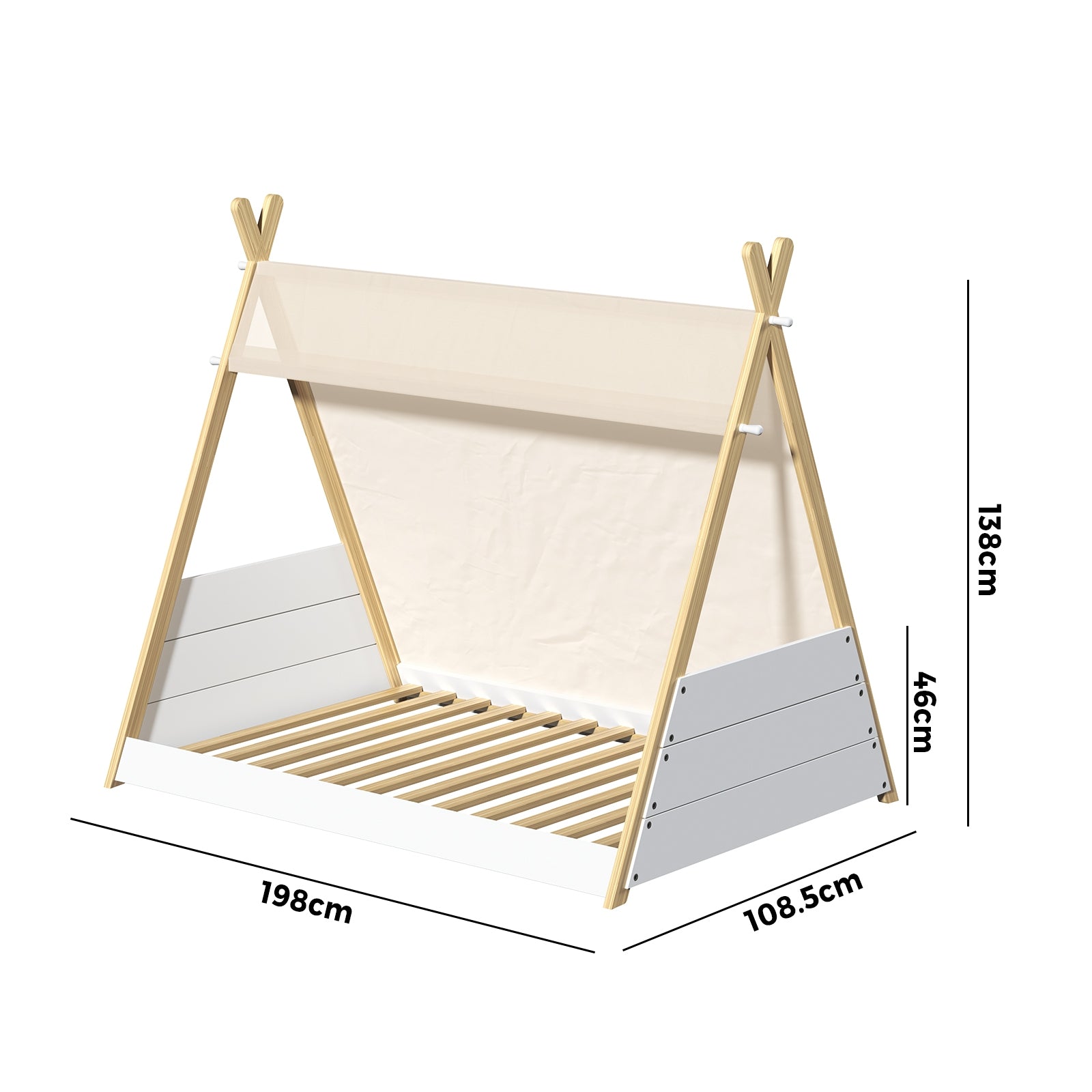 Oikiture Kids Bed Frame Wooden Timber Single Canvas Teepee Bed Frame Platform - Sunyee