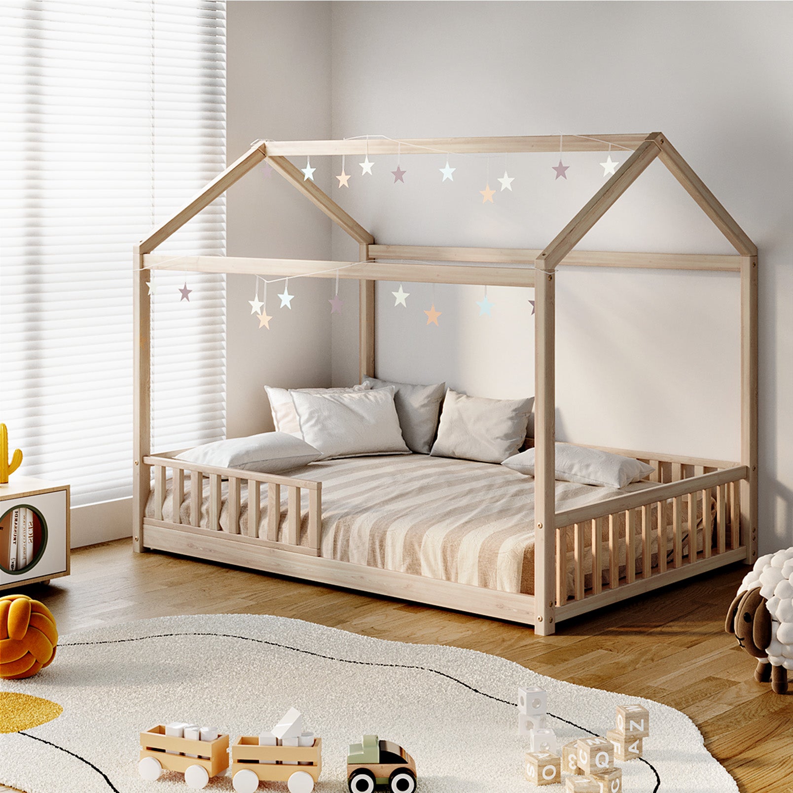 Oikiture Kids Wooden Bed Frame House Beds Platform Double Natural Timber Pine - Sunyee