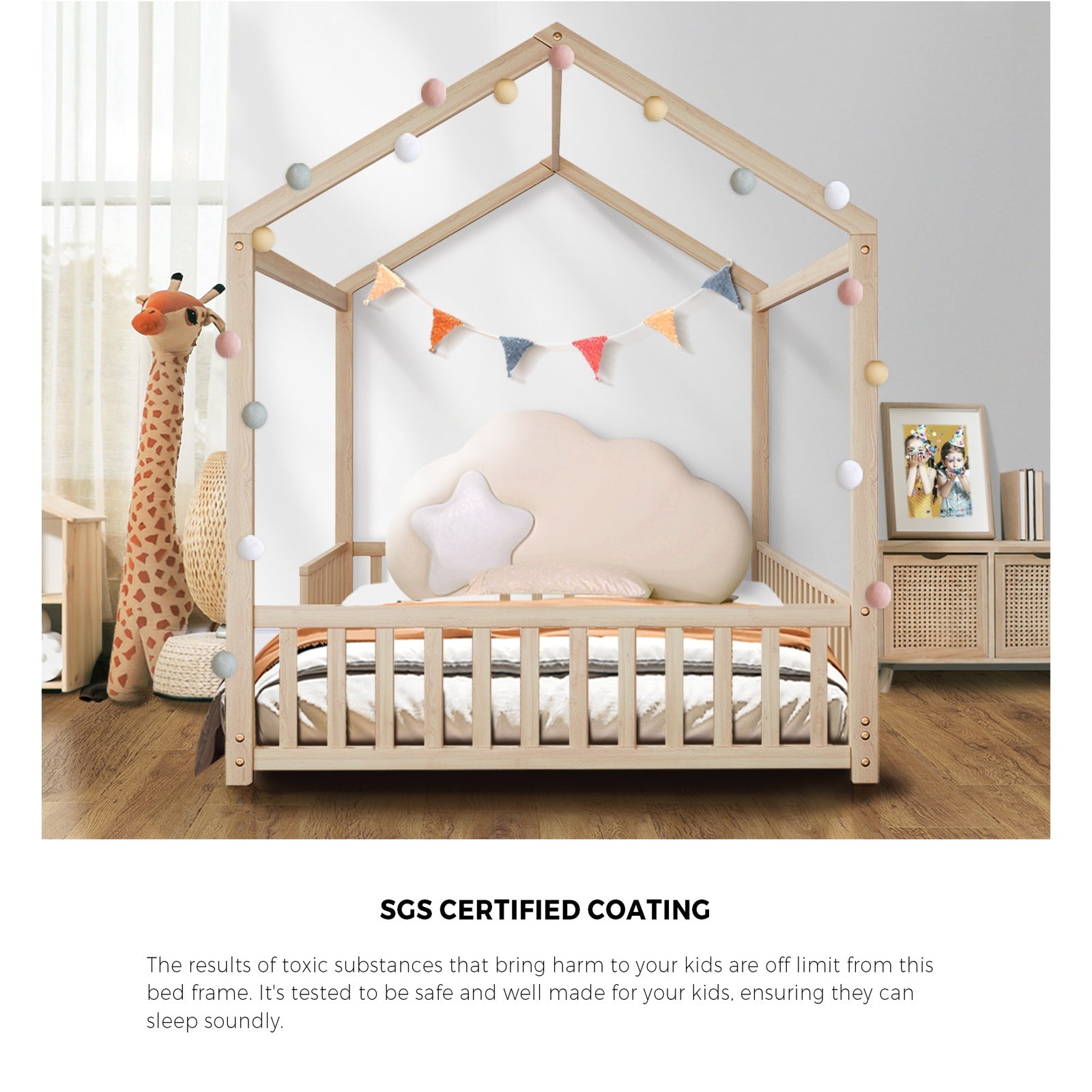 Oikiture Kids Wooden Bed Frame House Beds Platform Double Natural Timber Pine - Sunyee