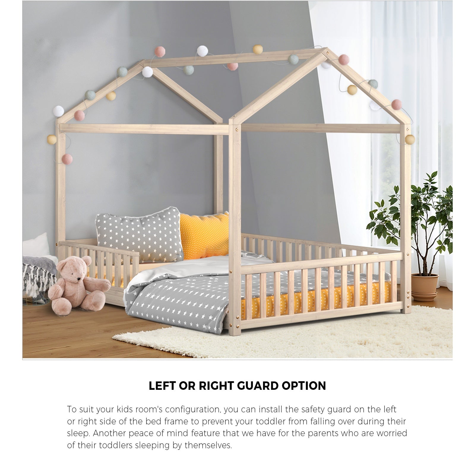 Oikiture Kids Wooden Bed Frame House Beds Platform Double Natural Timber Pine - Sunyee