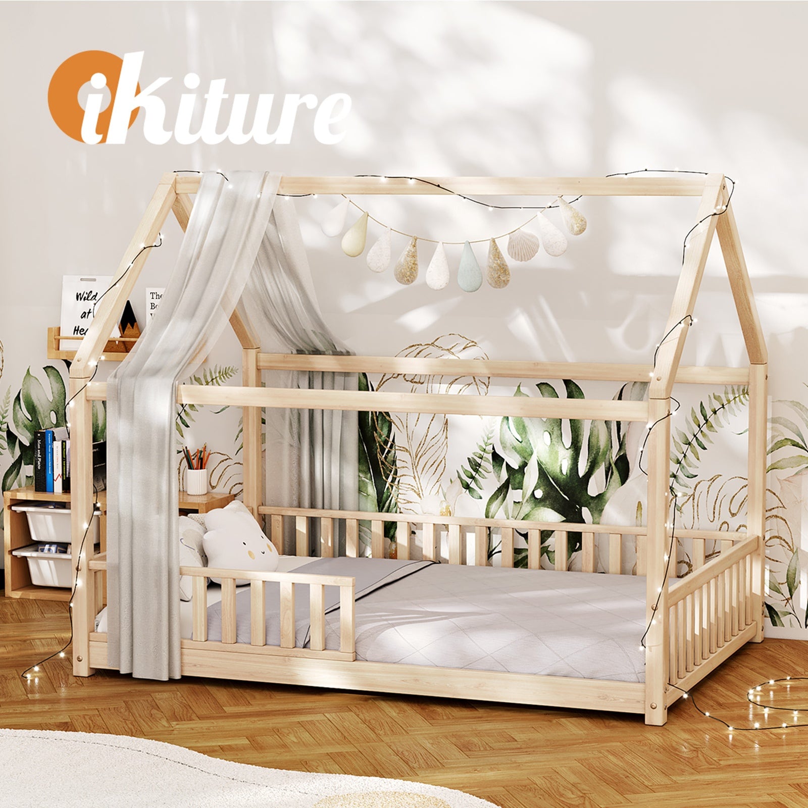 Oikiture Kids Wooden Bed Frame House Beds Platform Double Natural Timber Pine - Sunyee