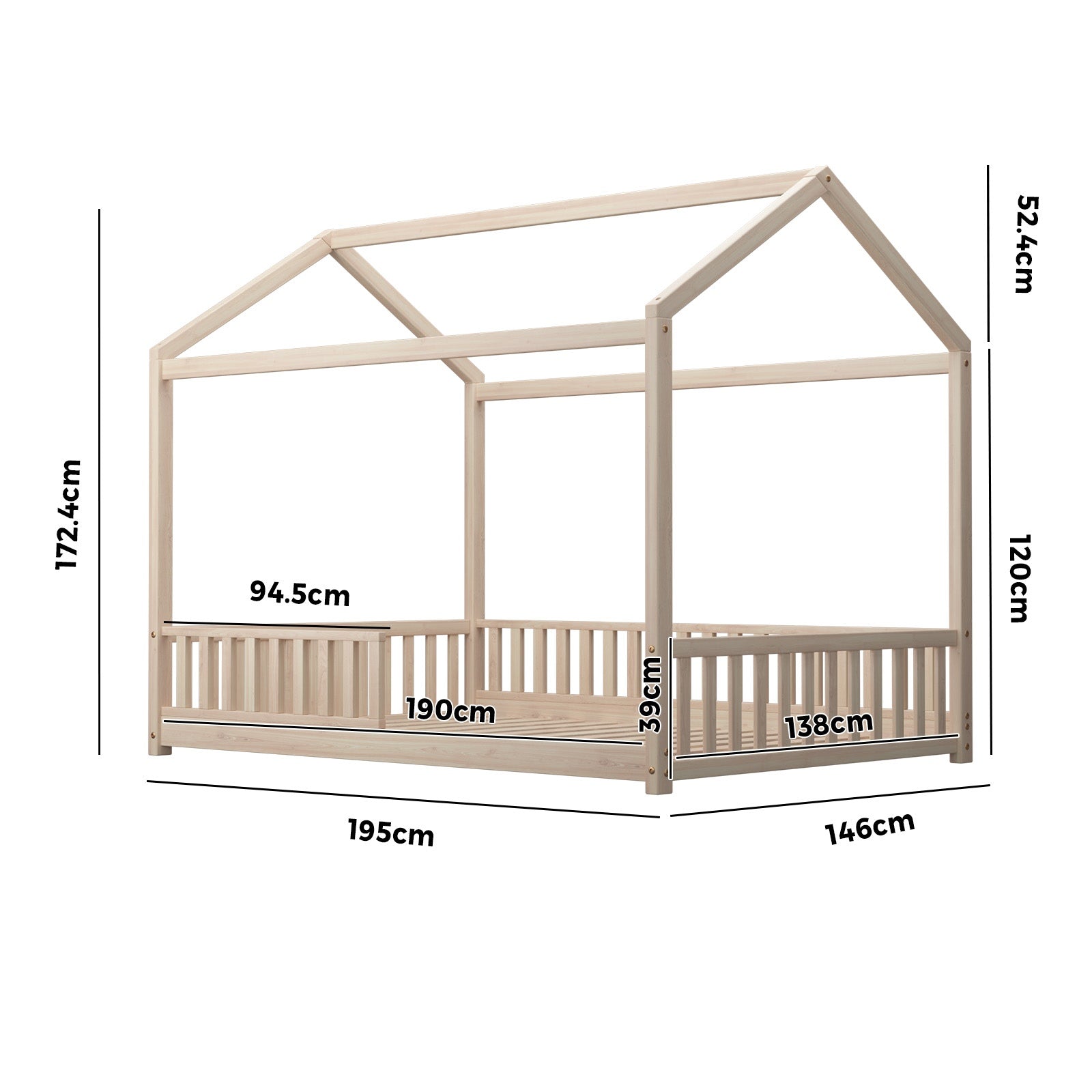 Oikiture Kids Wooden Bed Frame House Beds Platform Double Natural Timber Pine - Sunyee