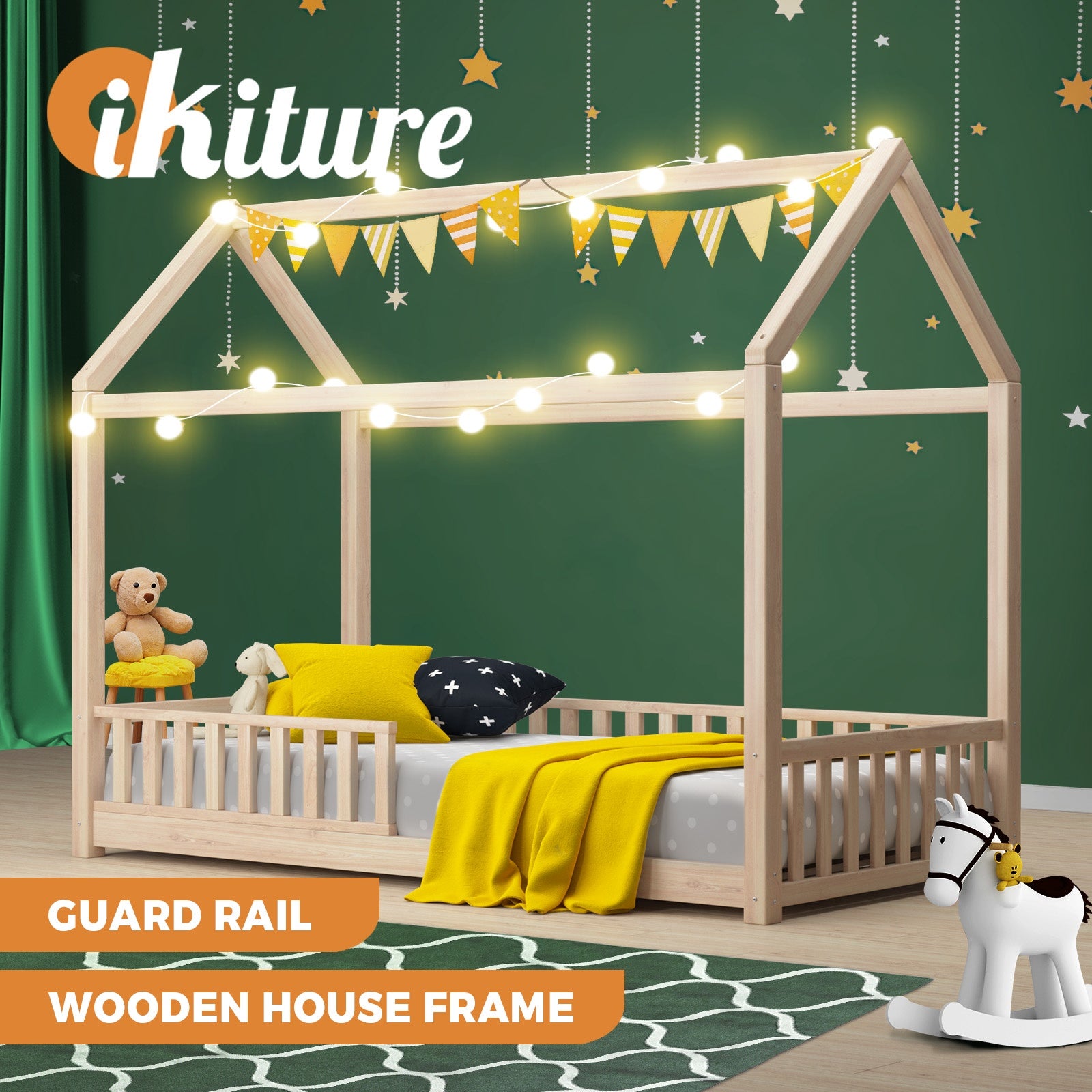 Oikiture Bed Frame Single Wooden Timber House Frame Wood Mattress Base Platform